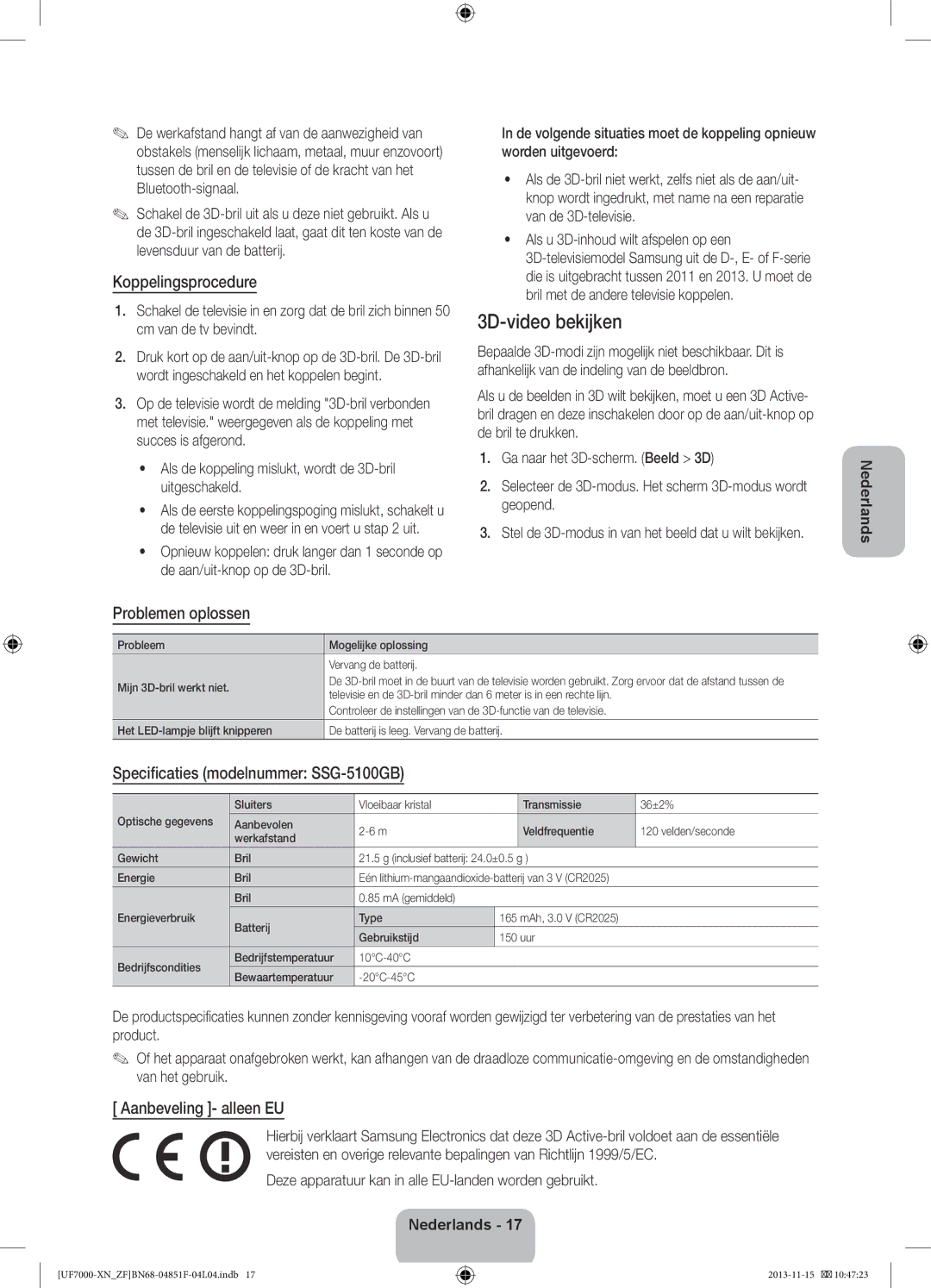 Samsung UE40F7000SLXZF 3D-video bekijken, Koppelingsprocedure, Problemen oplossen, Specificaties modelnummer SSG-5100GB 