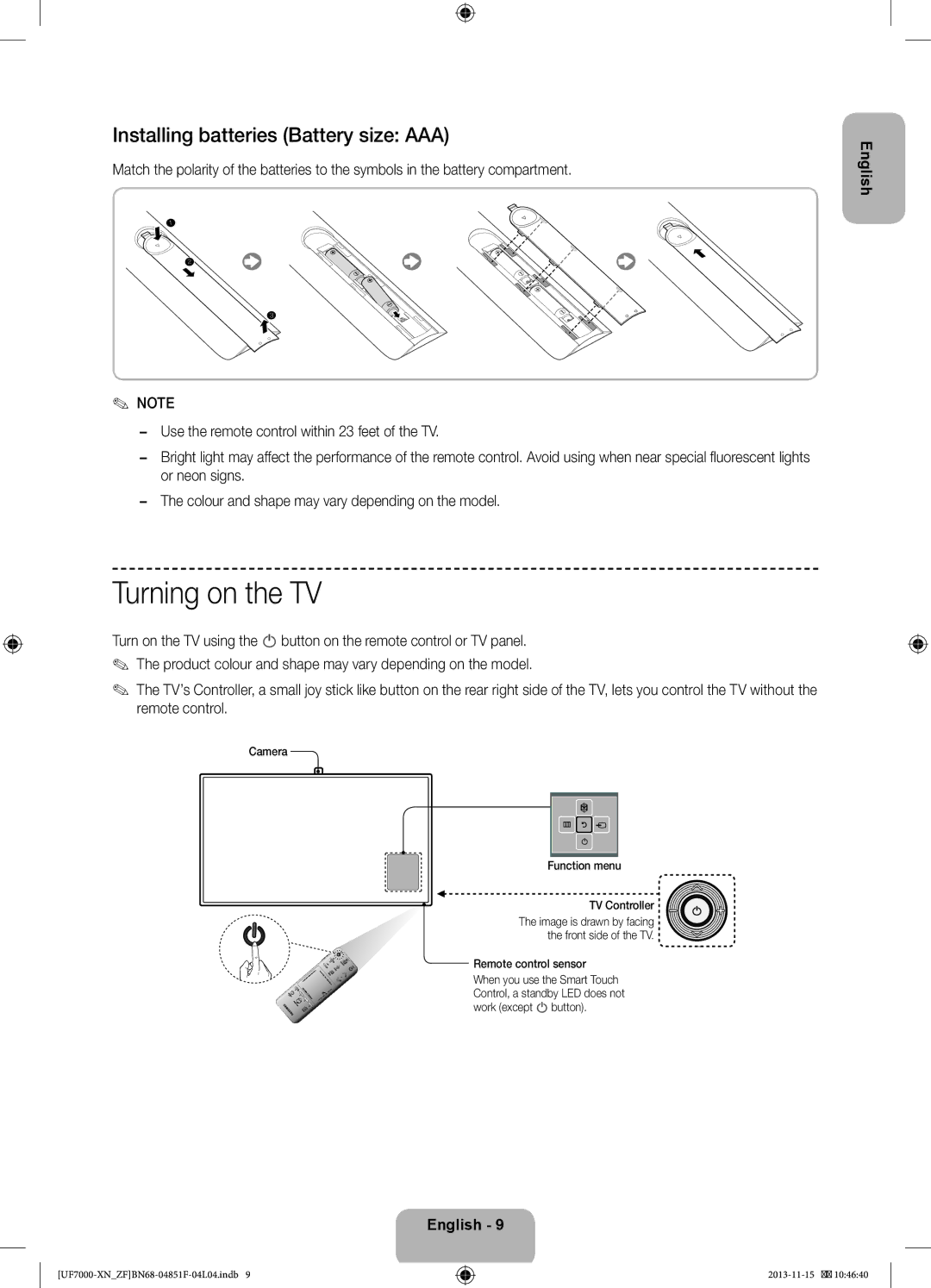 Samsung UE40F7000SLXZF manual Turning on the TV, Installing batteries Battery size AAA, Camera Function menu TV Controller 