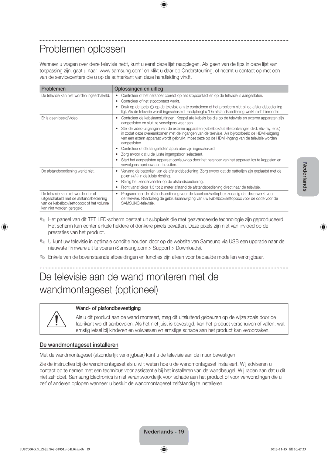 Samsung UE55F7000SLXZF, UE60F7000SLXZF Problemen oplossen, De wandmontageset installeren, Problemen Oplossingen en uitleg 