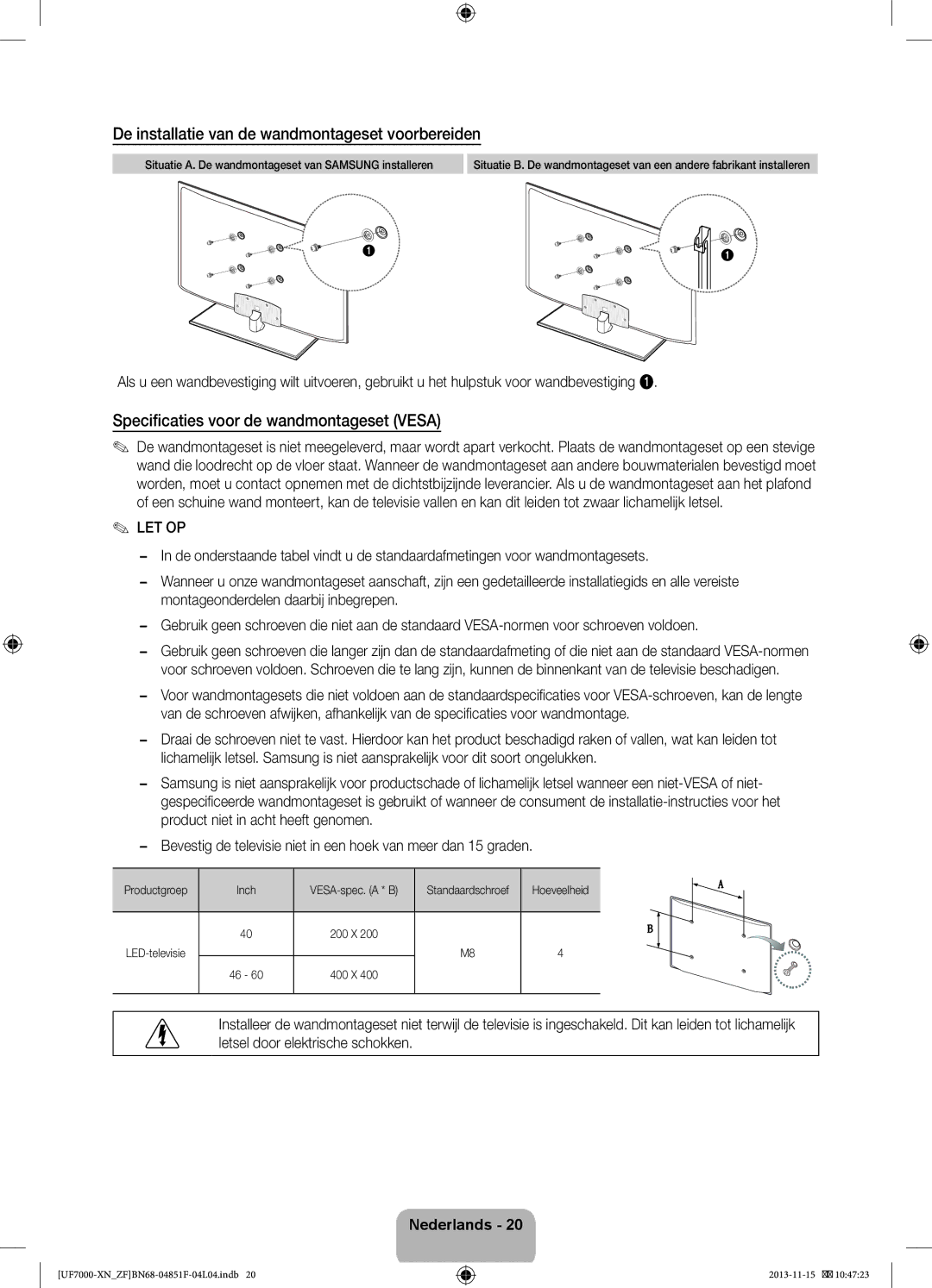 Samsung UE60F7000SLXZF manual De installatie van de wandmontageset voorbereiden, Specificaties voor de wandmontageset Vesa 