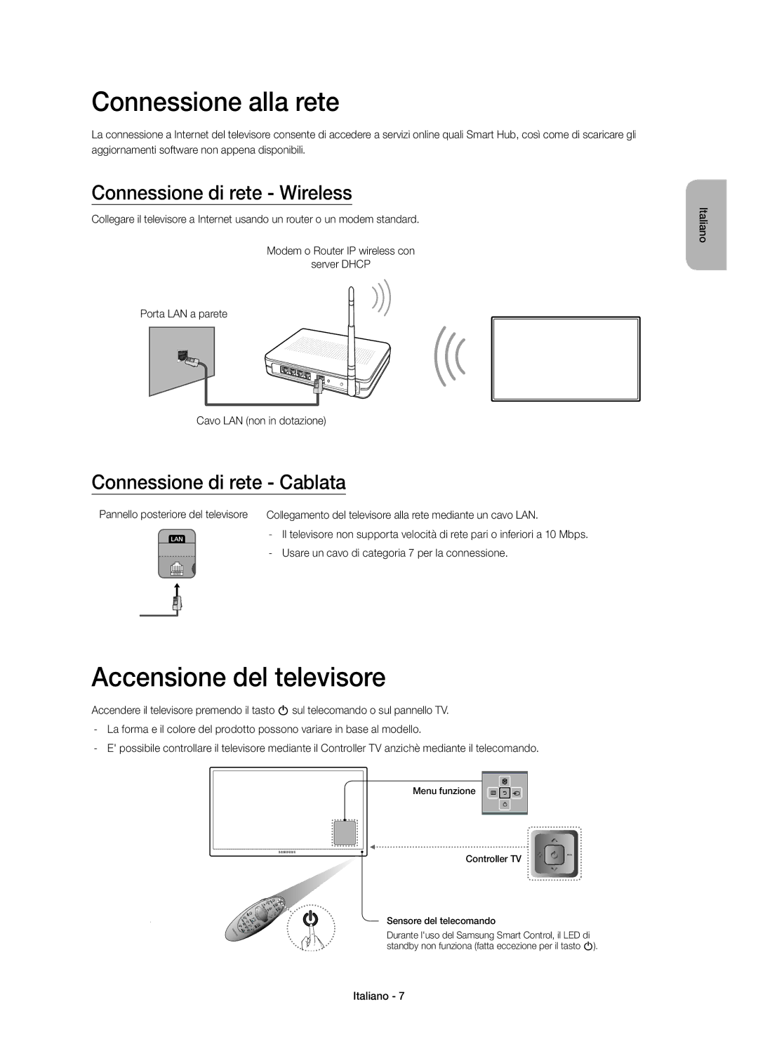 Samsung UE46H7000SZXZT, UE60H7000SZXZT manual Connessione alla rete, Accensione del televisore, Connessione di rete Wireless 