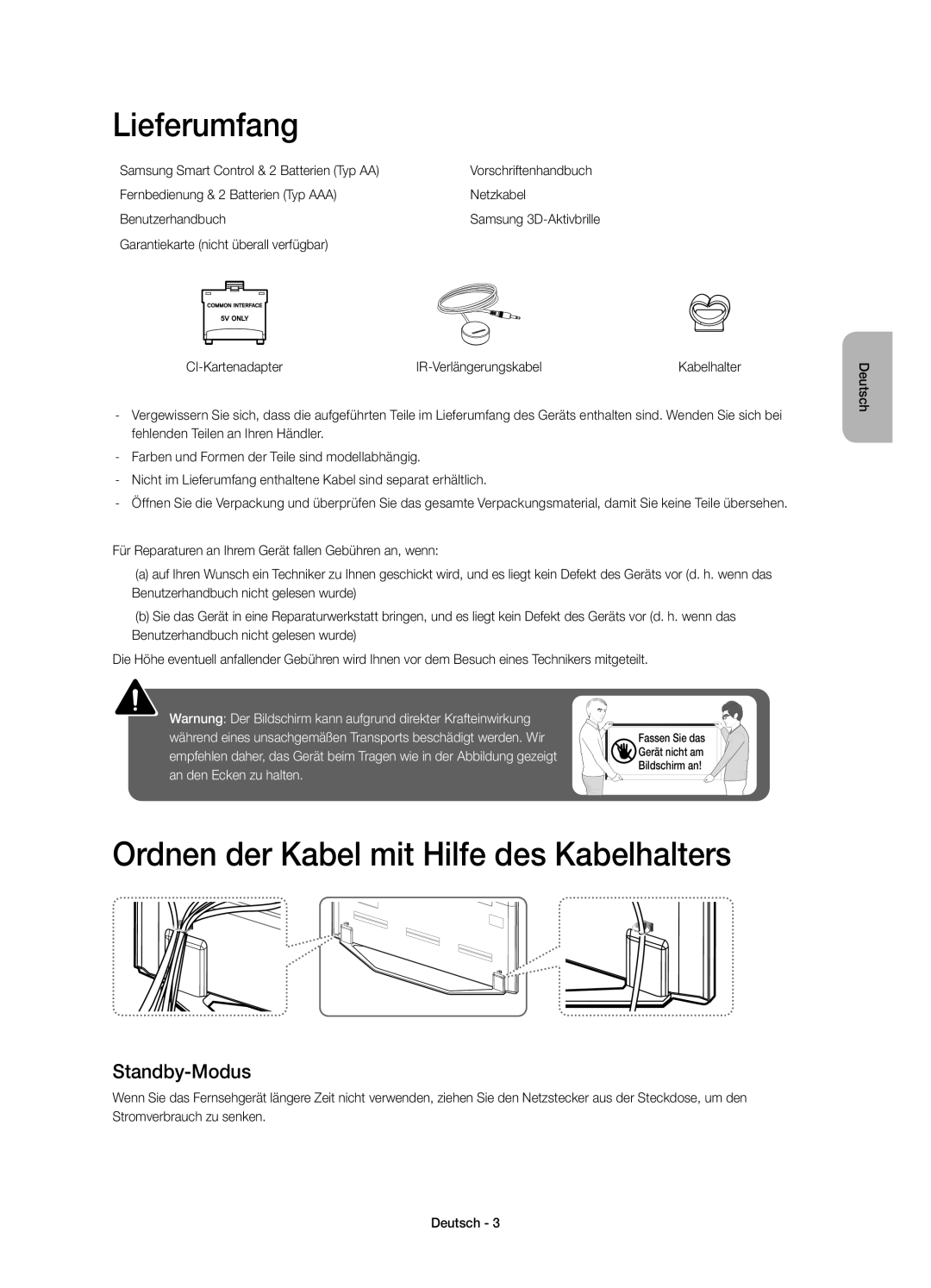 Samsung UE40H7000SZXZT, UE60H7000SZXZT manual Lieferumfang, Ordnen der Kabel mit Hilfe des Kabelhalters, Standby-Modus 