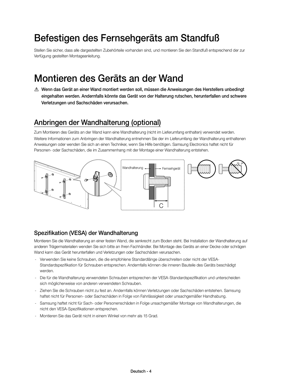 Samsung UE55H7000SZXZT, UE60H7000SZXZT manual Befestigen des Fernsehgeräts am Standfuß, Montieren des Geräts an der Wand 