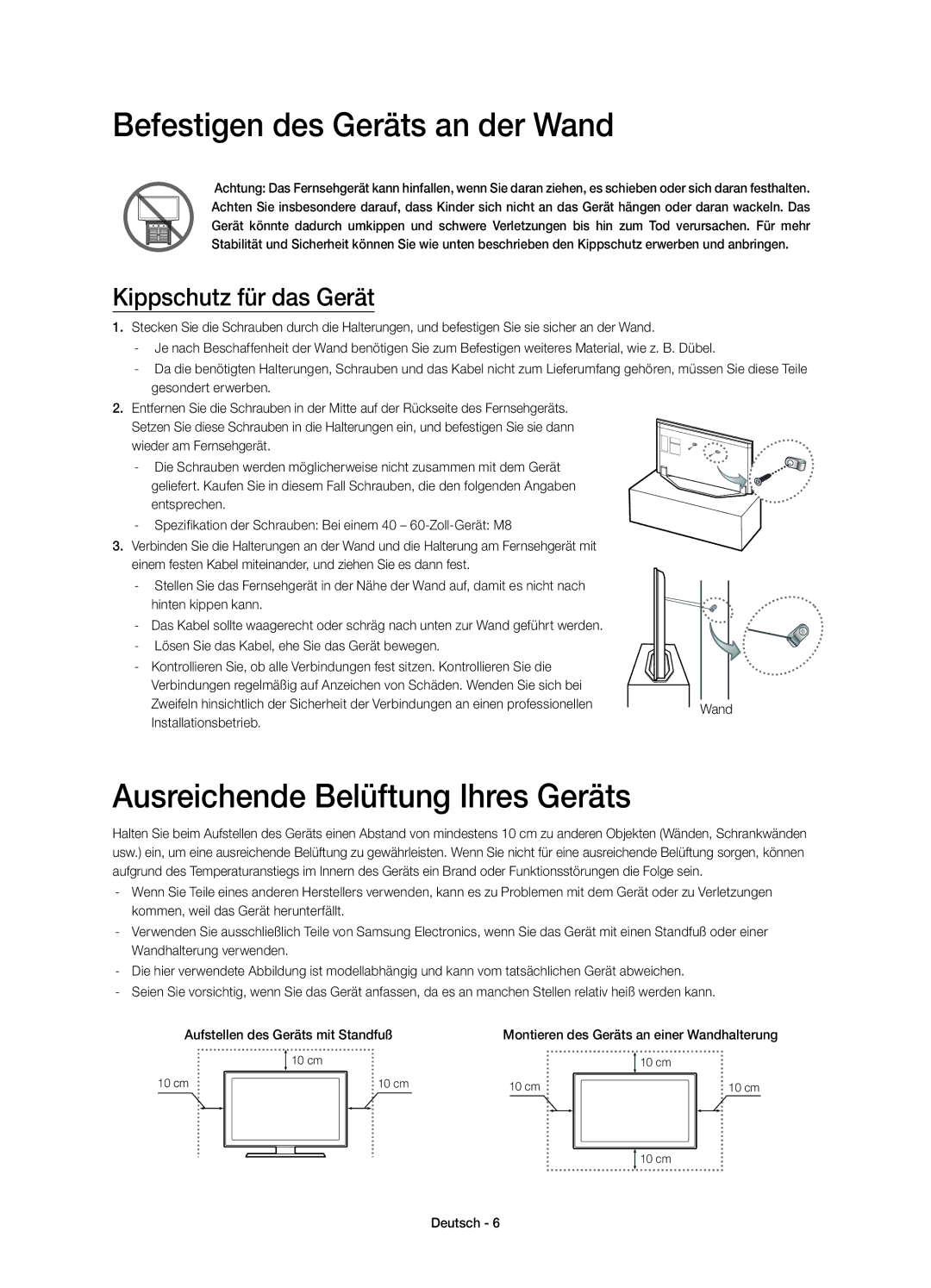 Samsung UE60H7000SZXZT Befestigen des Geräts an der Wand, Ausreichende Belüftung Ihres Geräts, Kippschutz für das Gerät 