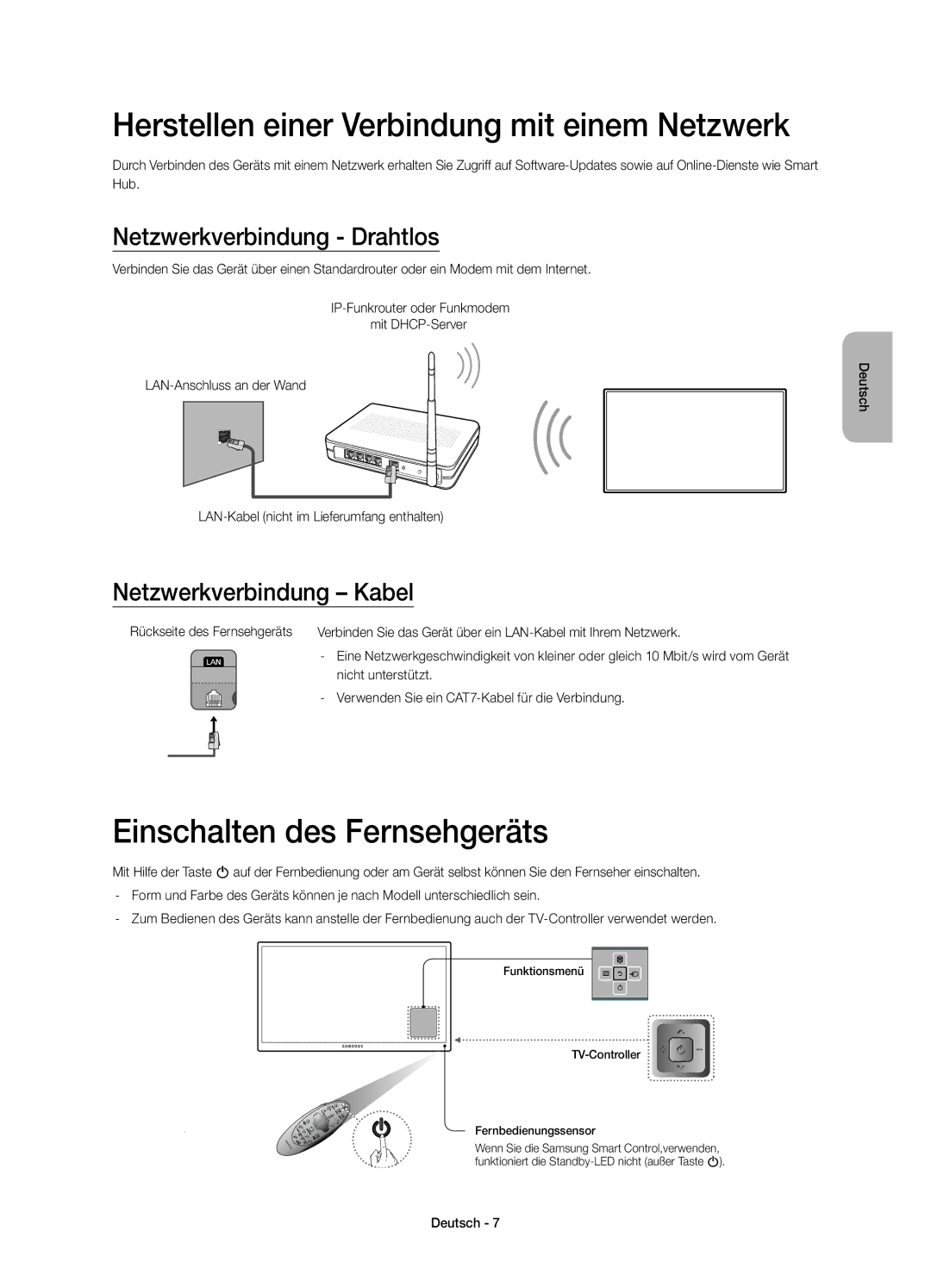 Samsung UE40H7000SZXZT, UE60H7000SZXZT manual Herstellen einer Verbindung mit einem Netzwerk, Einschalten des Fernsehgeräts 