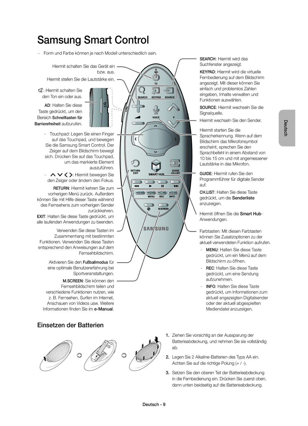 Samsung UE46H7000SZXZT, UE60H7000SZXZT, UE40H7000SZXZT, UE55H7000SZXZT manual Samsung Smart Control, Einsetzen der Batterien 