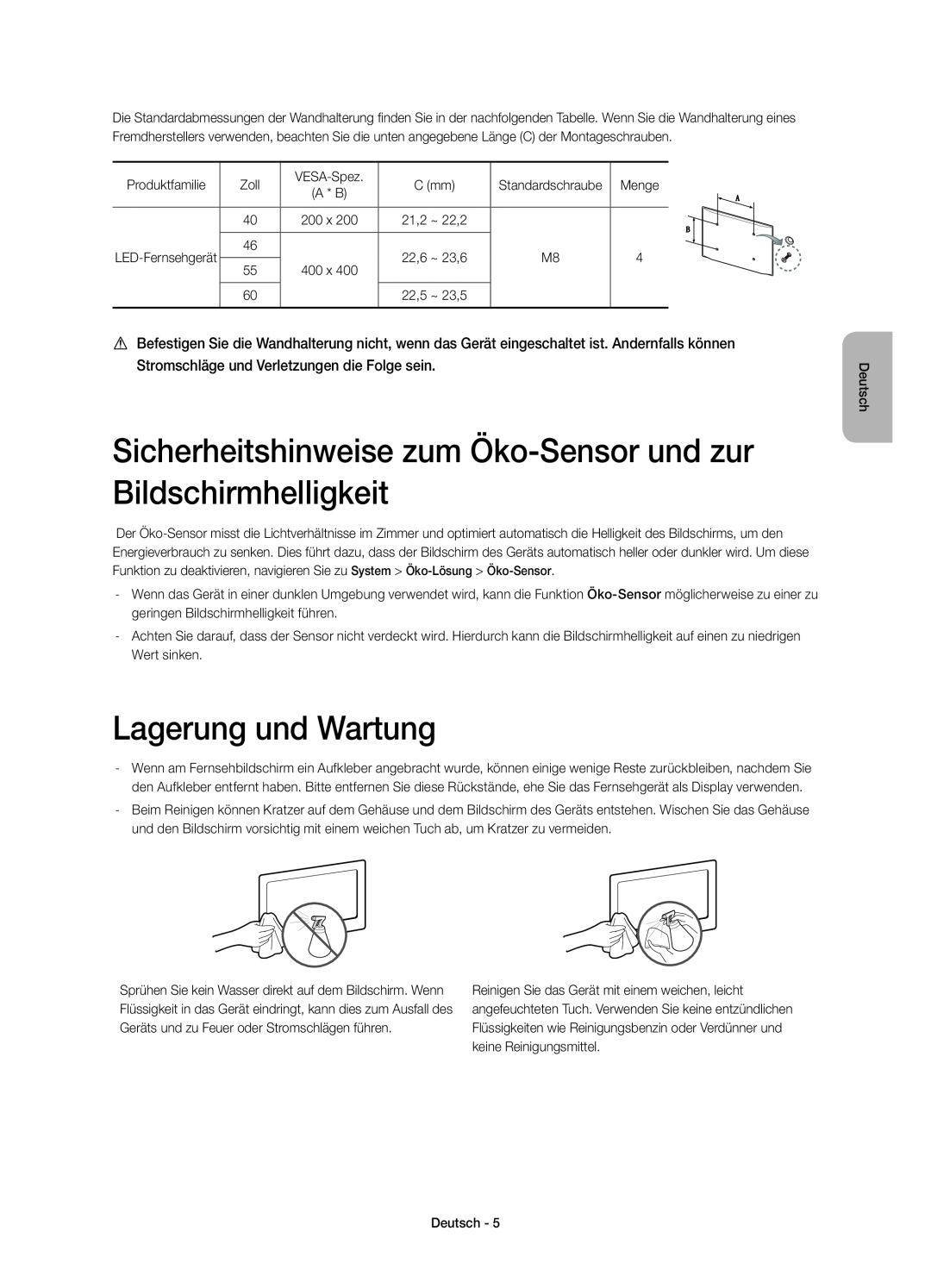 Samsung UE46H7000SZXZT manual Sicherheitshinweise zum Öko-Sensor und zur Bildschirmhelligkeit, Lagerung und Wartung, A * B 