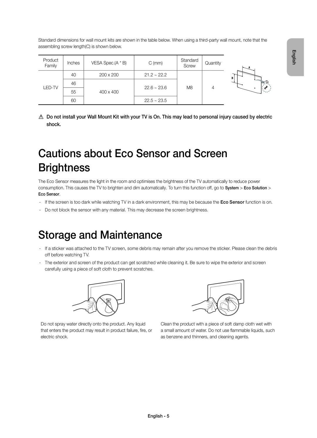 Samsung UE40H7000SZXZT, UE60H7000SZXZT Cautions about Eco Sensor and Screen Brightness, Storage and Maintenance, Screw 