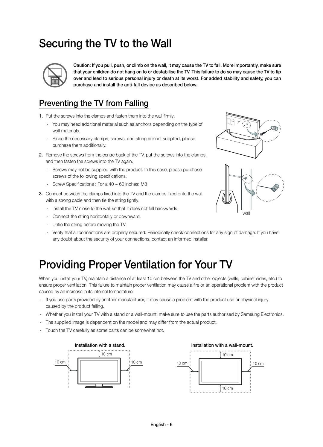 Samsung UE55H7000SZXZT, UE60H7000SZXZT manual Securing the TV to the Wall, Providing Proper Ventilation for Your TV 