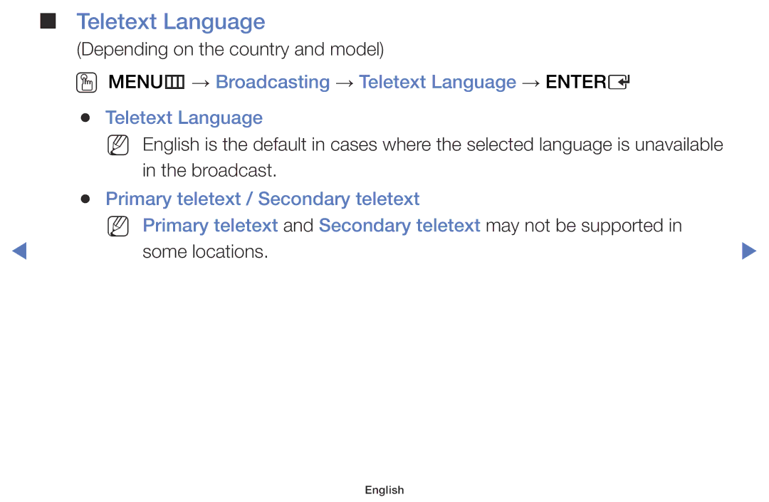 Samsung UE32J4000AWXZF, UE60J6150ASXZG, UE40J5170ASXZG manual OO MENUm → Broadcasting → Teletext Language → Entere 