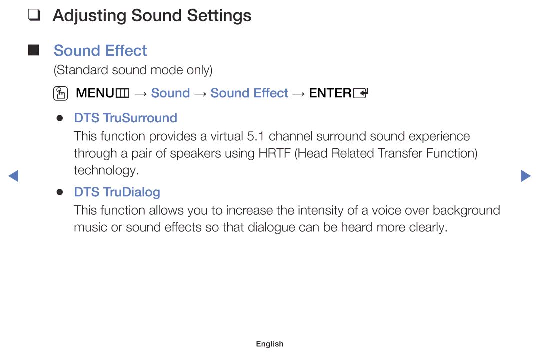 Samsung UE48J5100AWXBT manual Adjusting Sound Settings, OO MENUm → Sound → Sound Effect → Entere DTS TruSurround 