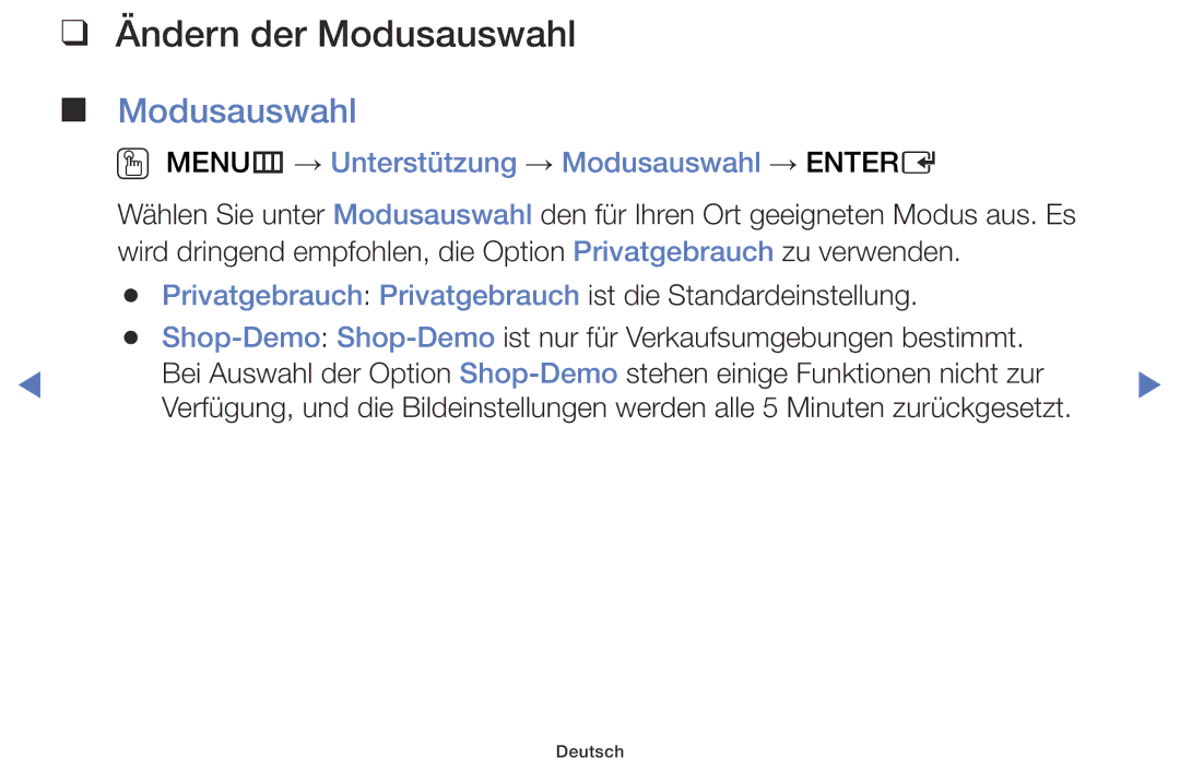 Samsung UE32J5170ASXTK, UE60J6150ASXZG manual Ändern der Modusauswahl, OO MENUm → Unterstützung → Modusauswahl → Entere 