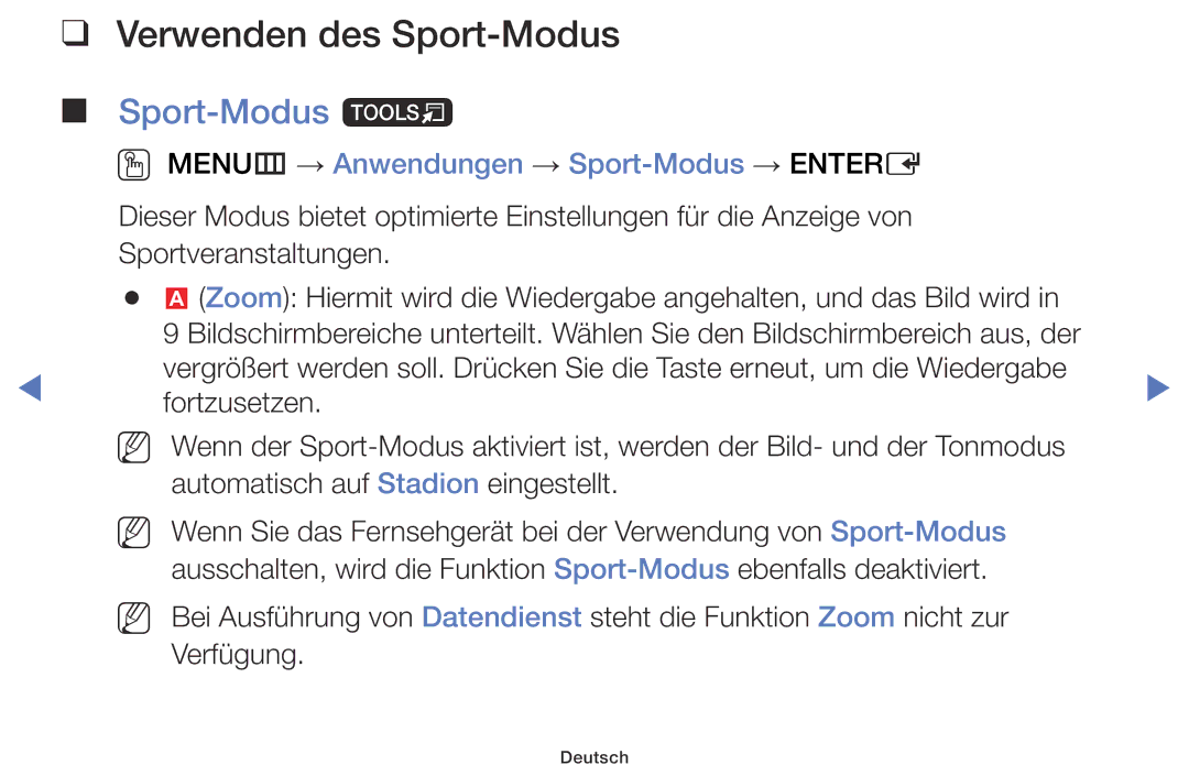 Samsung UE50J5100AWXXH manual Verwenden des Sport-Modus, Sport-Modus t, OO MENUm → Anwendungen → Sport-Modus → Entere 