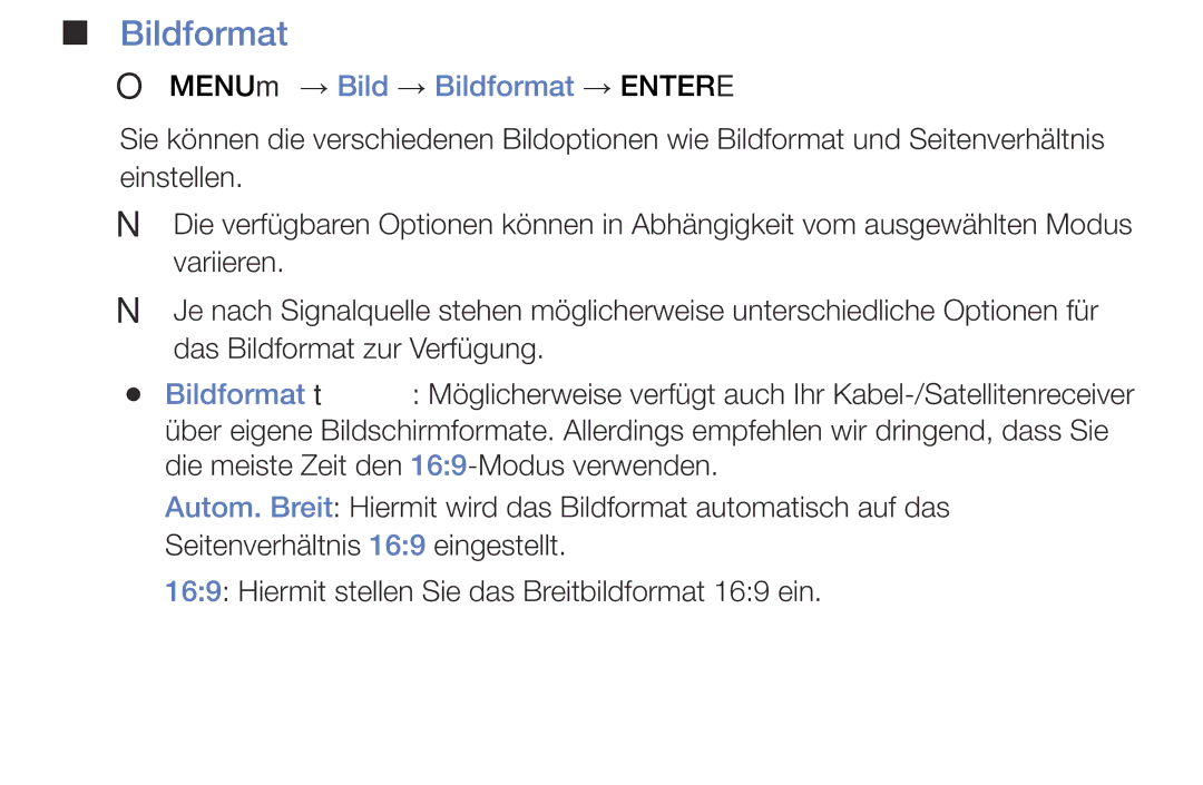 Samsung UE28J4100AWXZG, UE60J6150ASXZG, UE40J5170ASXZG, UE32J4100AWXXH manual OO MENUm → Bild → Bildformat → Entere 