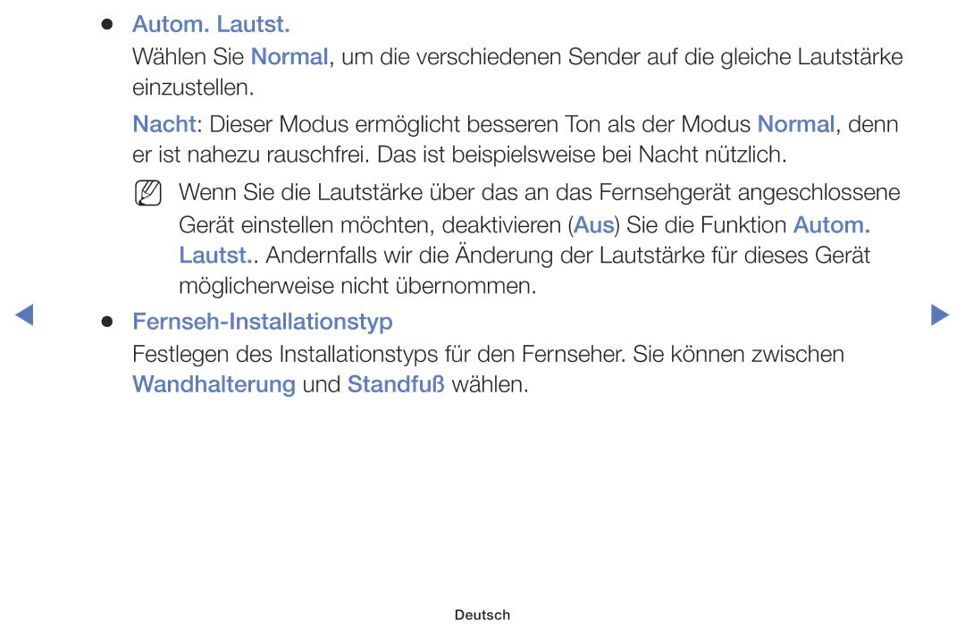 Samsung UE55J6100AWXZF, UE60J6150ASXZG manual Autom. Lautst, Fernseh-Installationstyp, Wandhalterung und Standfuß wählen 