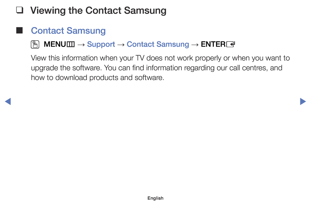 Samsung UE28J4100AWXZF, UE60J6150ASXZG Viewing the Contact Samsung, OO MENUm → Support → Contact Samsung → ENTERE, English 