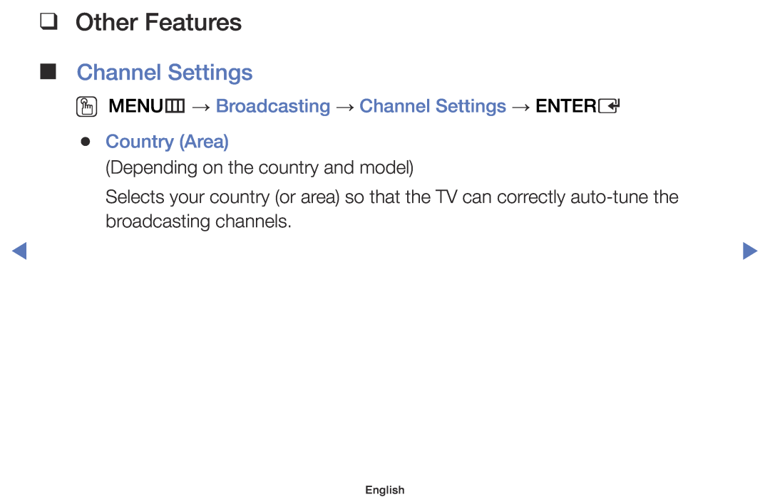 Samsung UE55J5100AWXZF manual Other Features, OO MENUm → Broadcasting → Channel Settings → ENTERE Country Area, English 