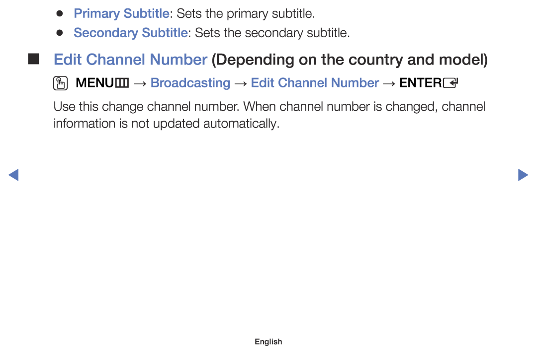 Samsung UE32J5100AWXZF Edit Channel Number Depending on the country and model, Primary Subtitle Sets the primary subtitle 