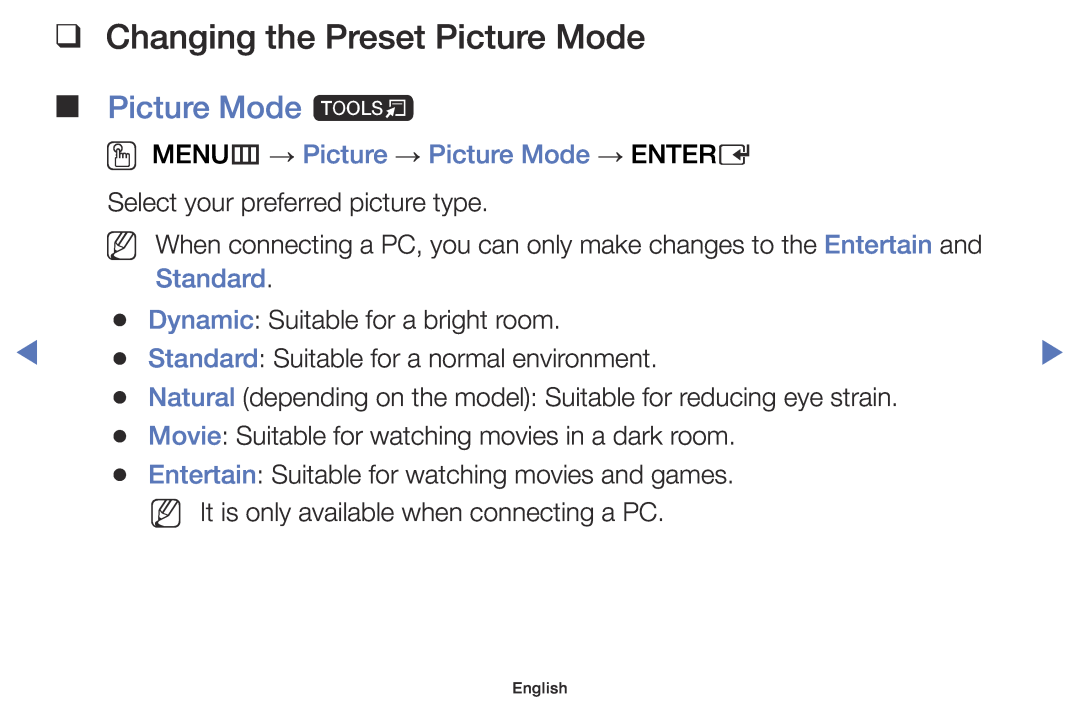 Samsung UE32J5000AKXZT manual Changing the Preset Picture Mode, Picture Mode t, OO MENUm → Picture → Picture Mode → ENTERE 