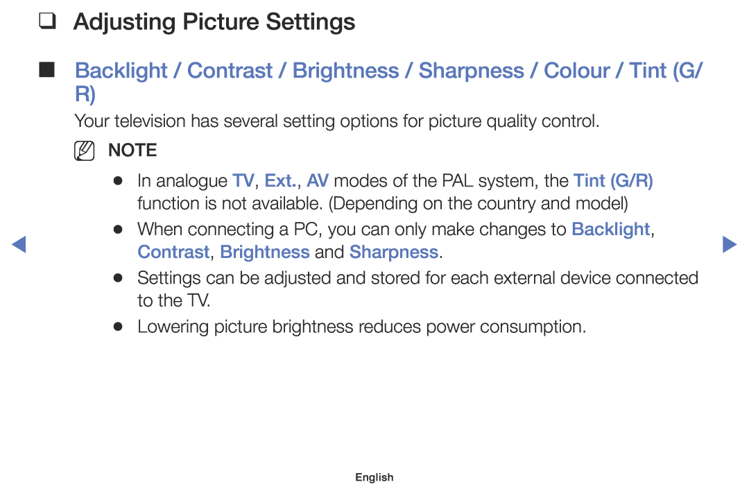 Samsung UE32J4000AWXXN Adjusting Picture Settings, Backlight / Contrast / Brightness / Sharpness / Colour / Tint G/ R 