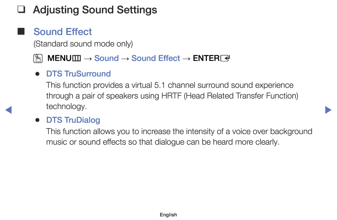 Samsung UE48J5100AWXBT manual Adjusting Sound Settings, OO MENUm → Sound → Sound Effect → ENTERE, DTS TruSurround 