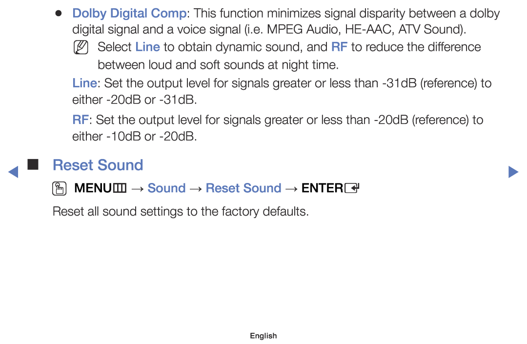 Samsung UE32J4100AWXBT, UE60J6150ASXZG, UE40J5170ASXZG, UE32J4100AWXXH manual OO MENUm → Sound → Reset Sound → ENTERE 