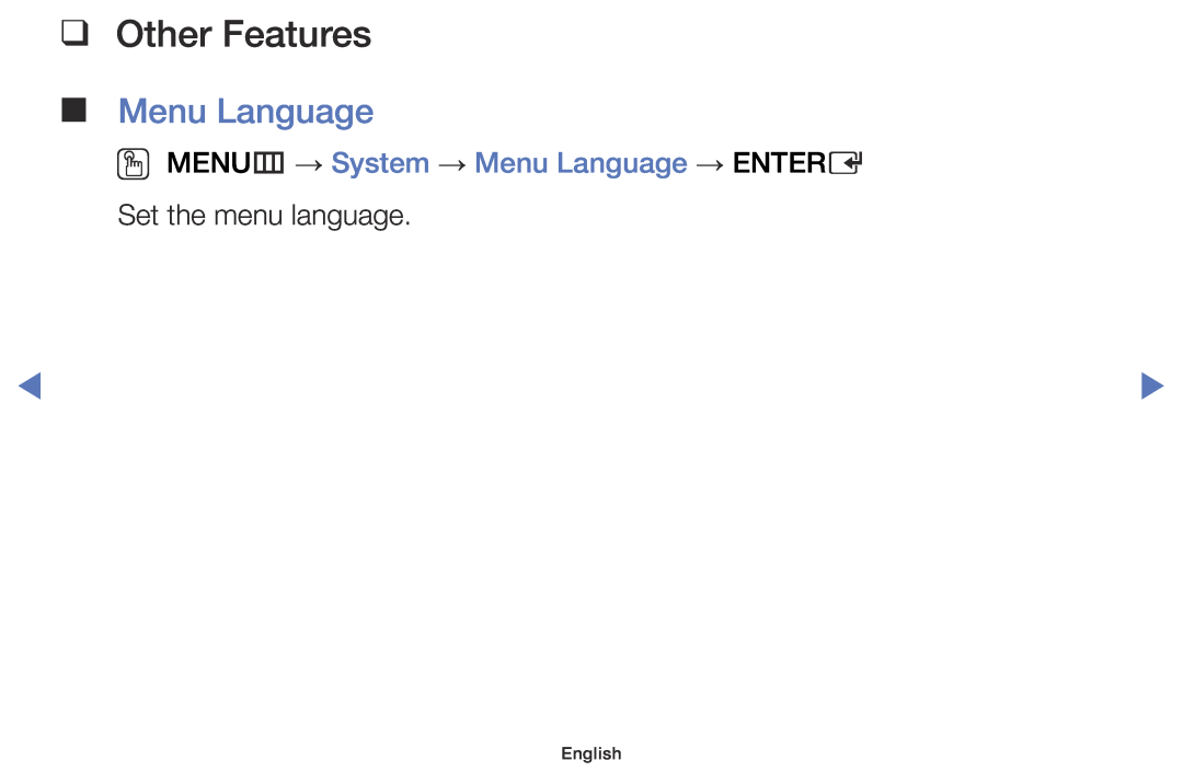 Samsung UE32J5000AKXRU OO MENUm → System → Menu Language → ENTERE, Other Features, Set the menu language, English 