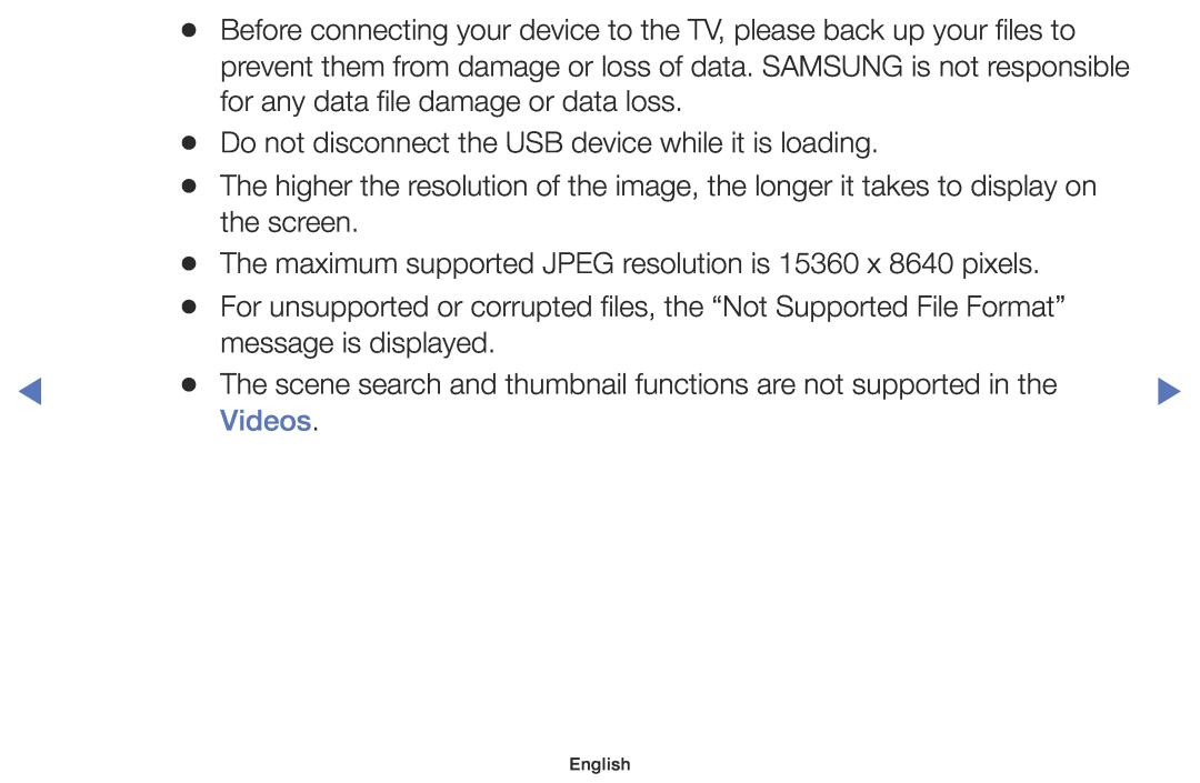 Samsung UE50J5100AWXXH, UE60J6150ASXZG manual Videos, Before connecting your device to the TV, please back up your files to 