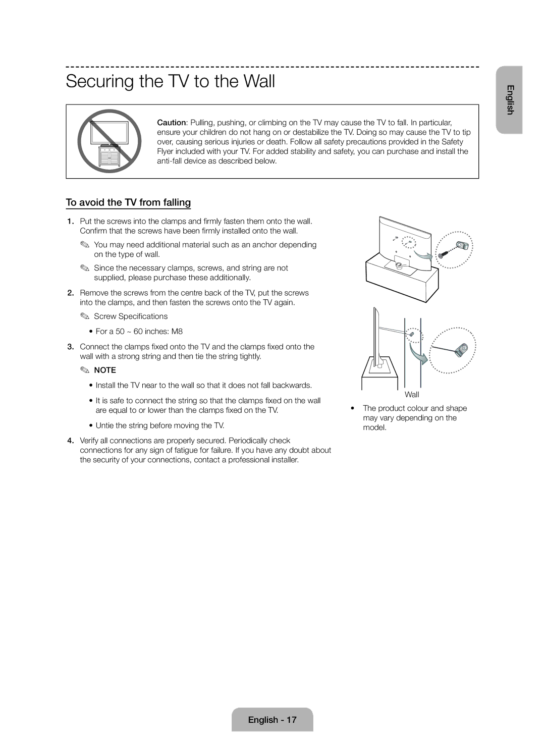 Samsung UE60J6170AUXZG, UE60J6150ASXZG, UE50J6150ASXZG manual Securing the TV to the Wall, To avoid the TV from falling 