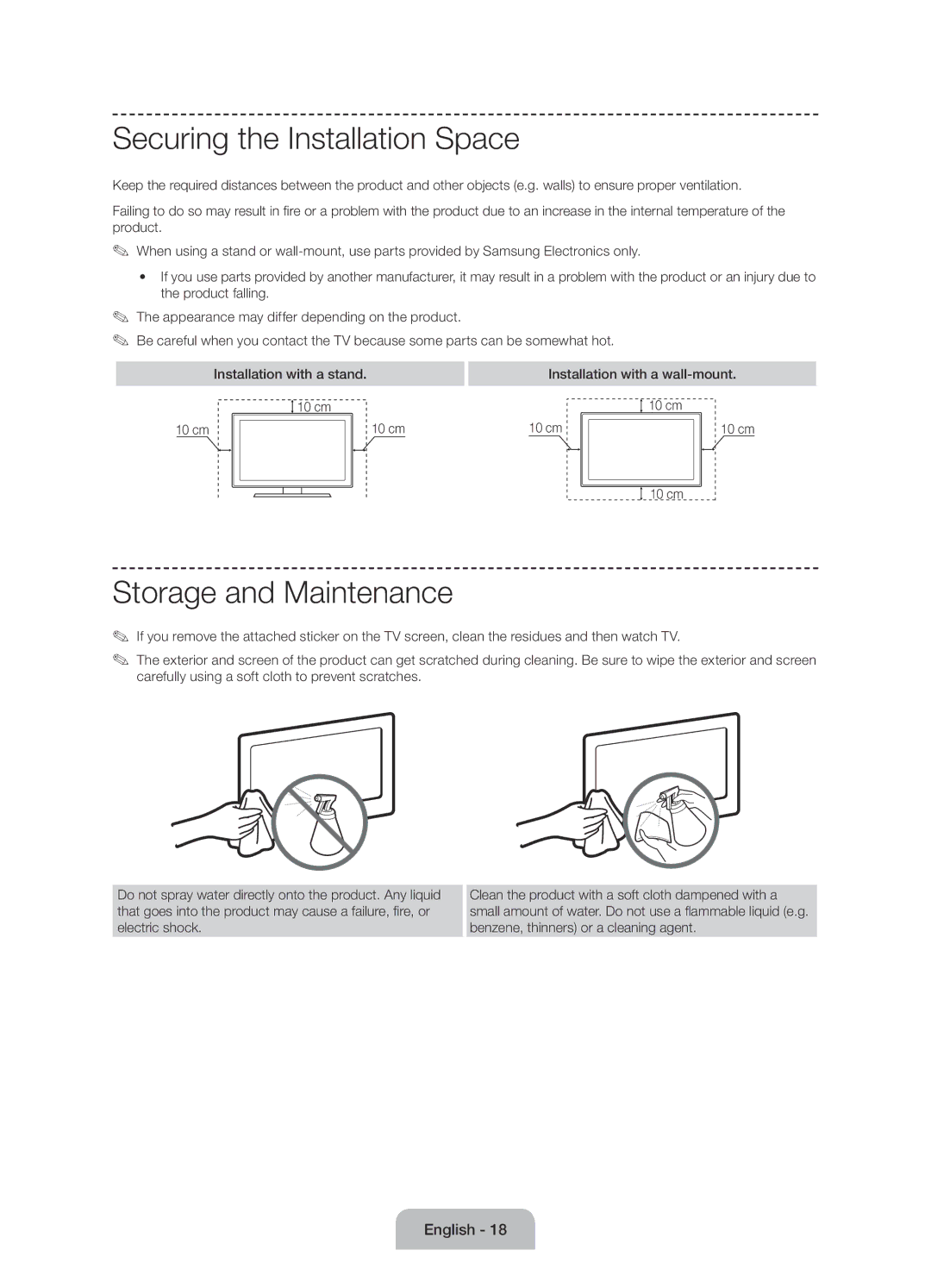 Samsung UE60J6150ASXZG Securing the Installation Space, Storage and Maintenance, Installation with a wall-mount 10 cm 