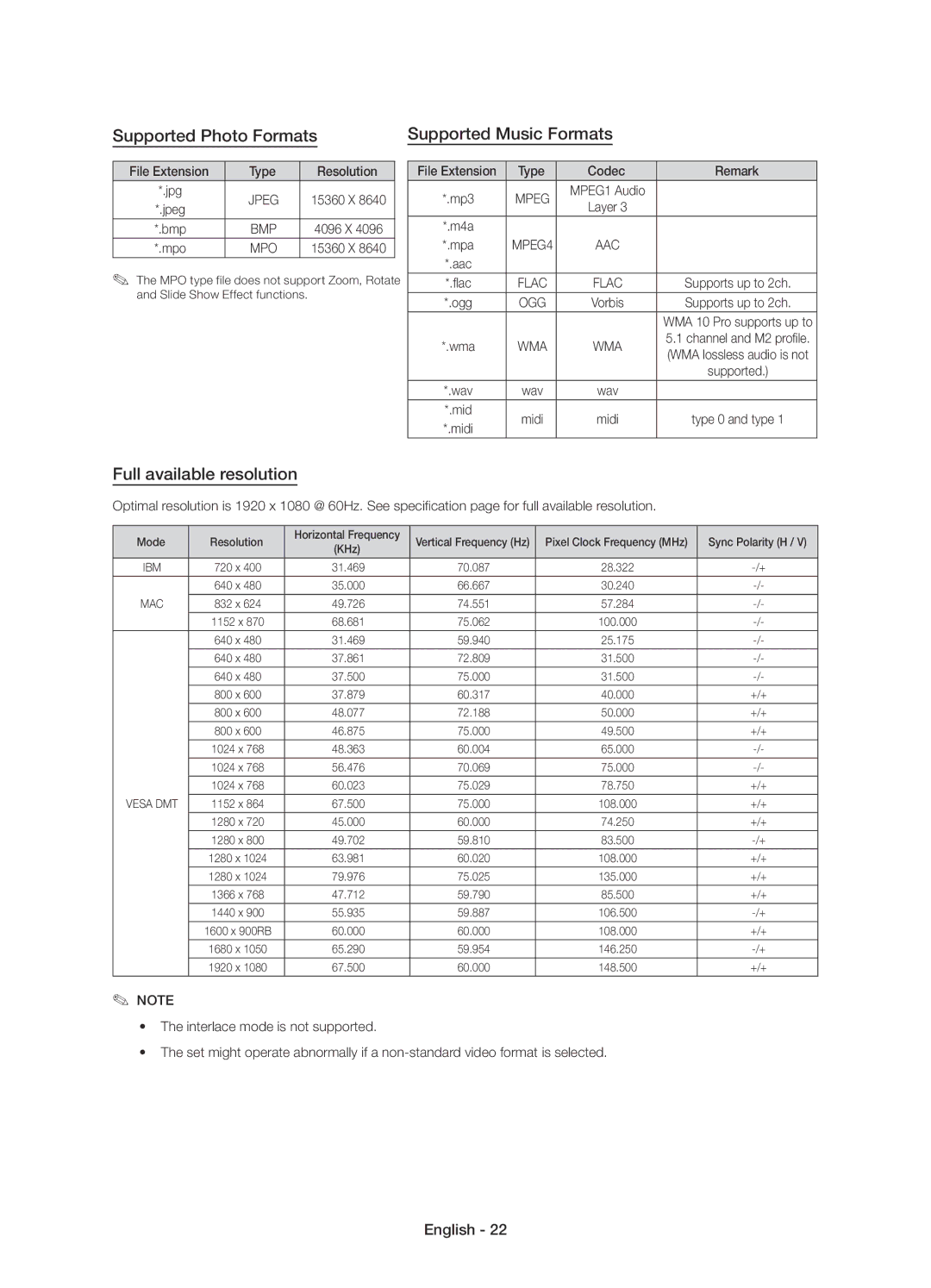 Samsung UE55J6170AUXZG Supported Photo Formats Supported Music Formats, Full available resolution, Available resolution 