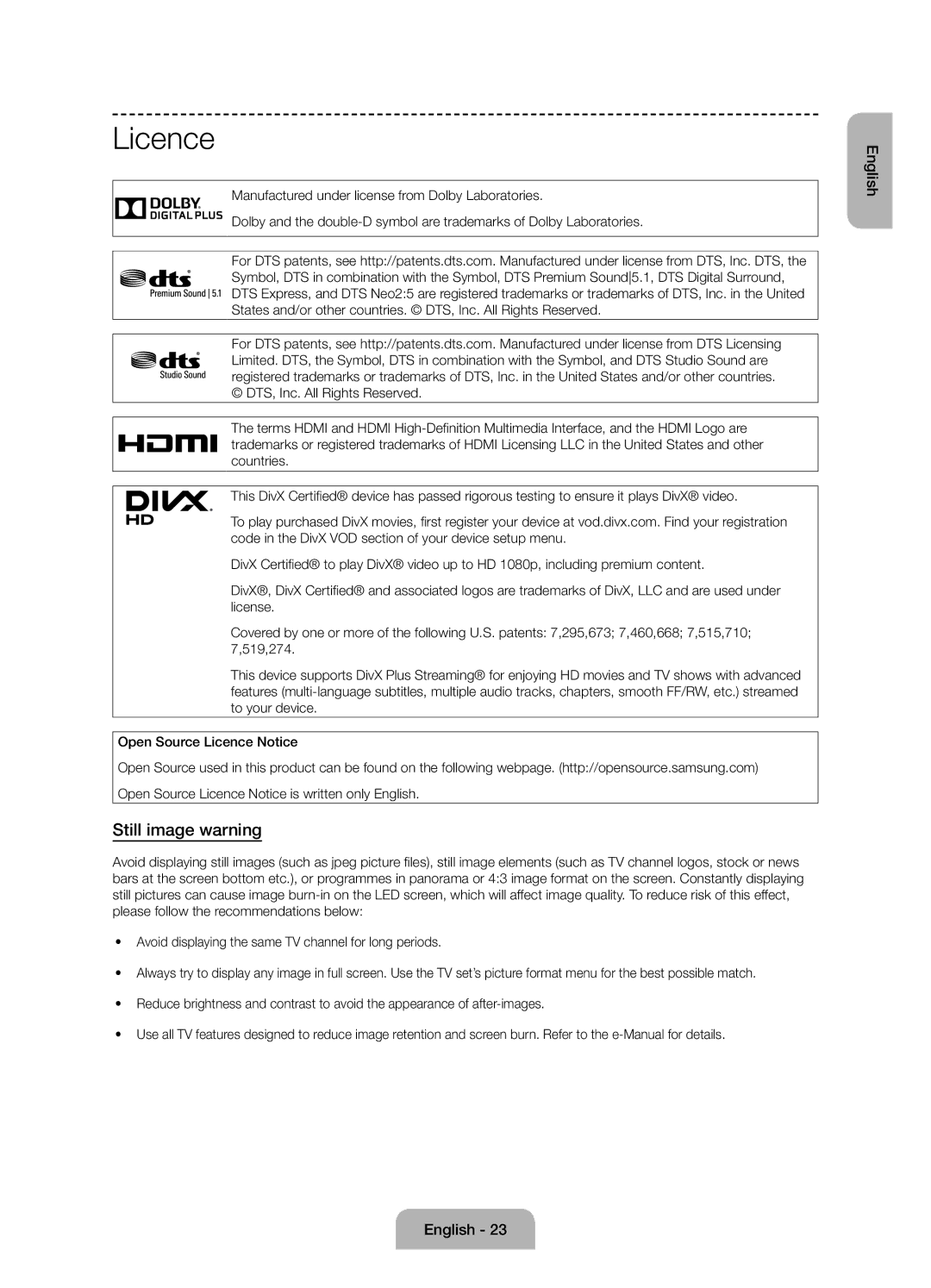 Samsung UE60J6170AUXZG, UE60J6150ASXZG, UE50J6150ASXZG, UE55J6150ASXZG, UE50J6170AUXZG manual Licence, Still image warning 