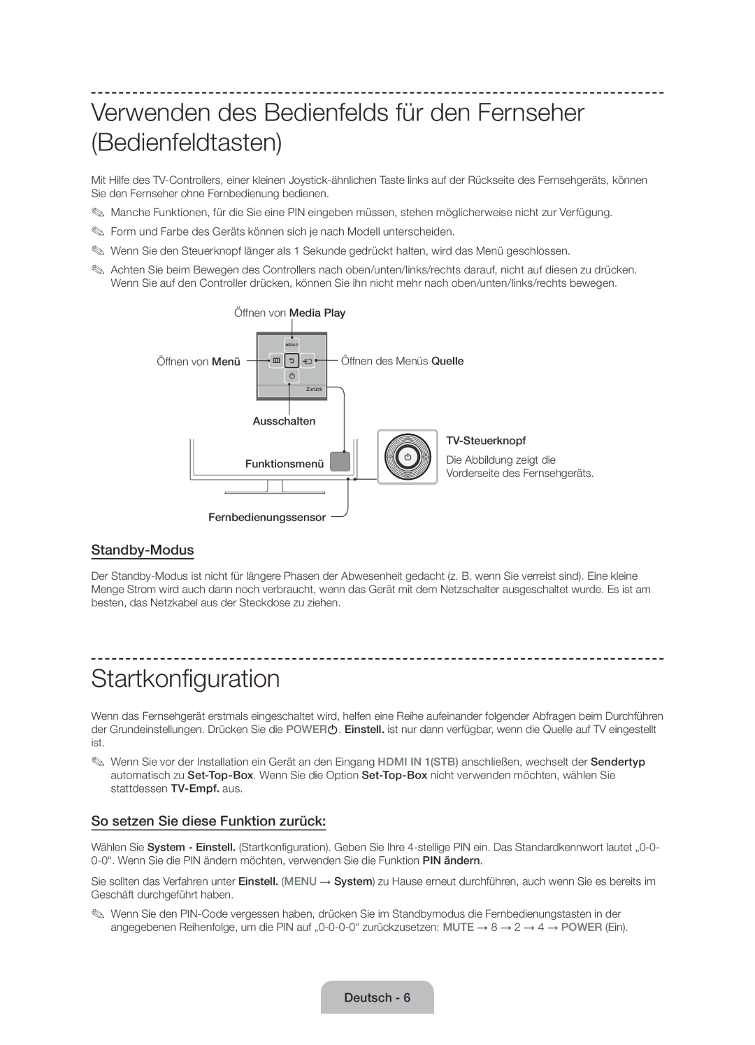 Samsung UE60J6150ASXZG manual Startkonfiguration, Standby-Modus, So setzen Sie diese Funktion zurück, Fernbedienungssensor 