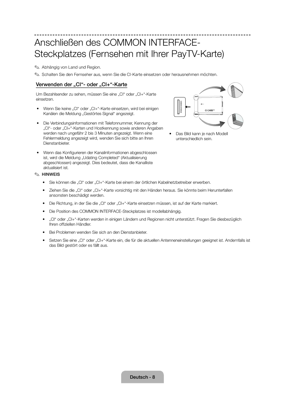 Samsung UE55J6150ASXZG, UE60J6150ASXZG, UE50J6150ASXZG, UE50J6170AUXZG manual Verwenden der „CI- oder „CI+-Karte, Hinweis 