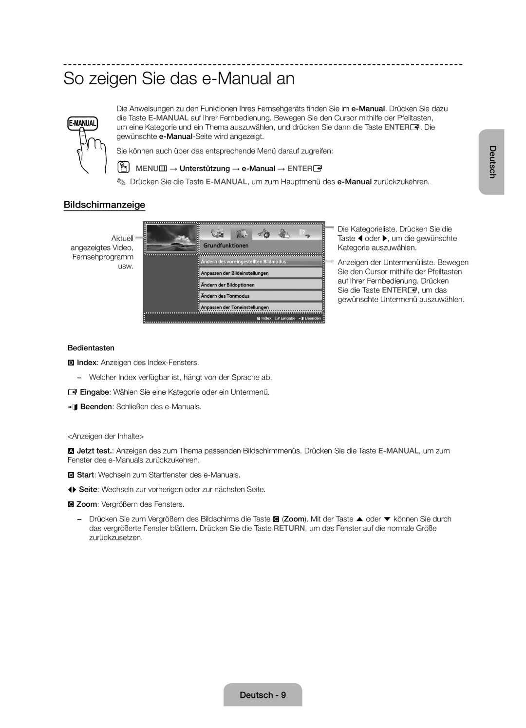 Samsung UE50J6170AUXZG, UE60J6150ASXZG, UE50J6150ASXZG, UE55J6150ASXZG manual So zeigen Sie das e-Manual an, Bildschirmanzeige 