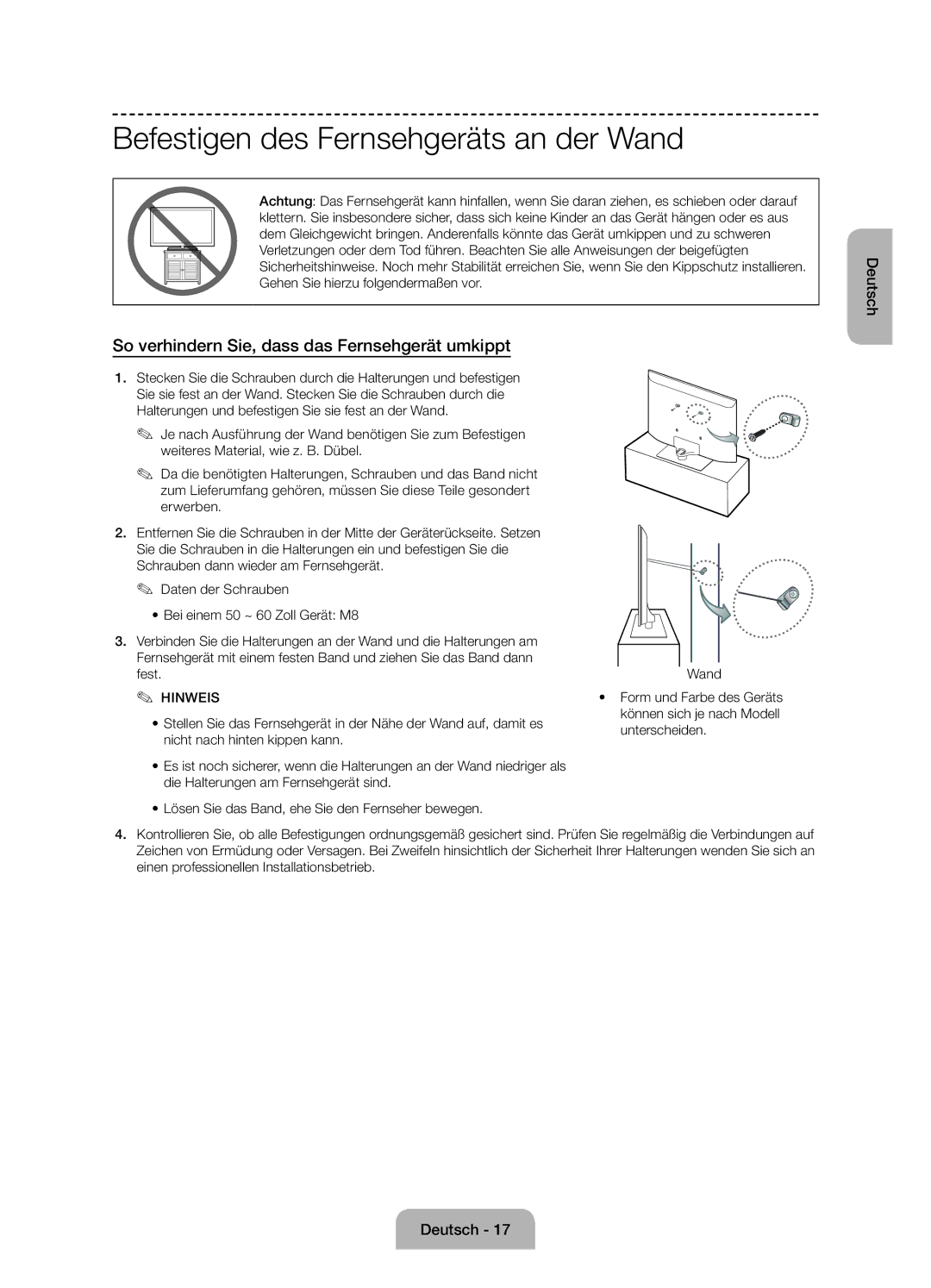 Samsung UE60J6170AUXZG manual Befestigen des Fernsehgeräts an der Wand, So verhindern Sie, dass das Fernsehgerät umkippt 