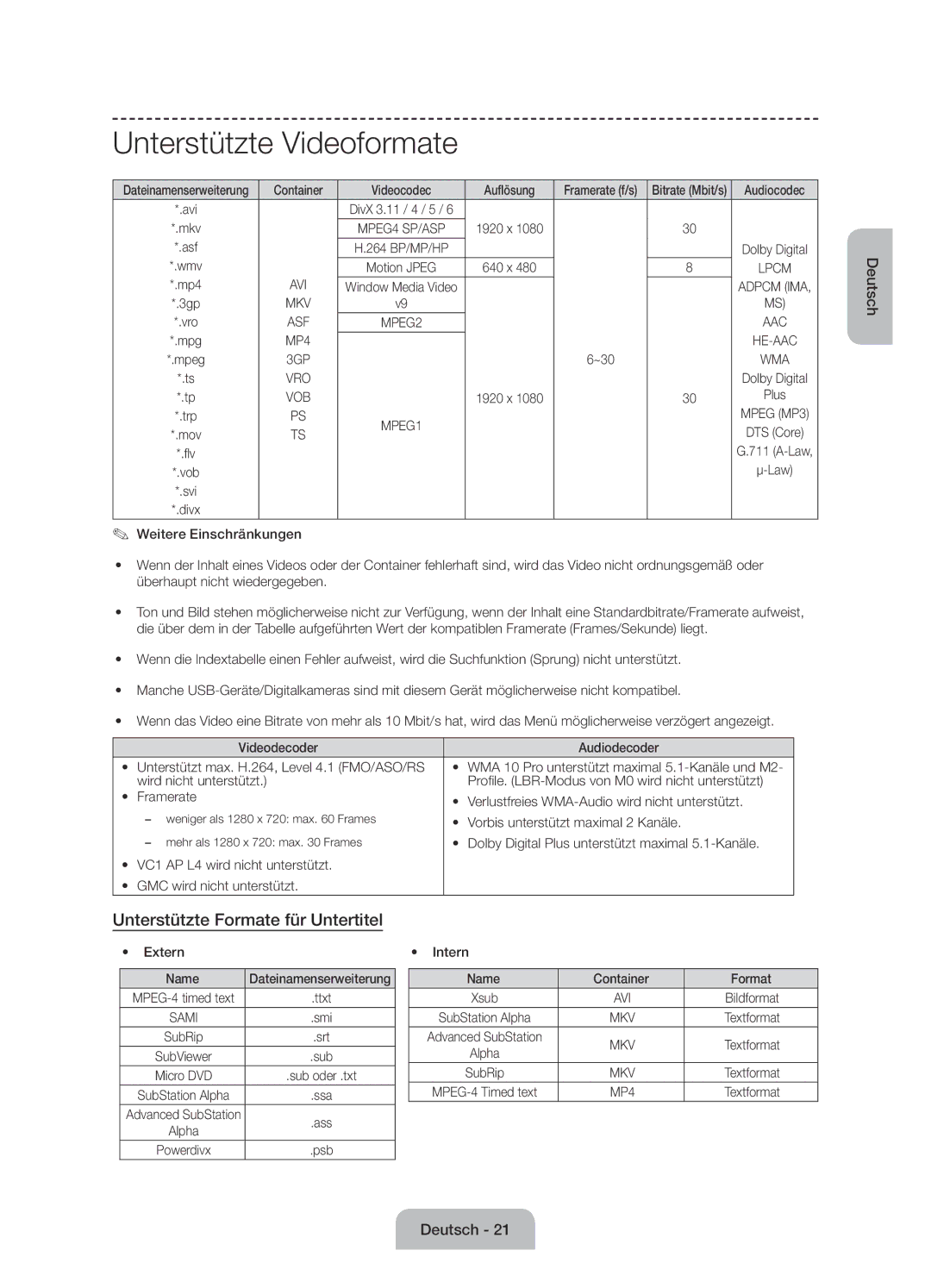 Samsung UE50J6170AUXZG, UE60J6150ASXZG, UE50J6150ASXZG manual Unterstützte Videoformate, Unterstützte Formate für Untertitel 