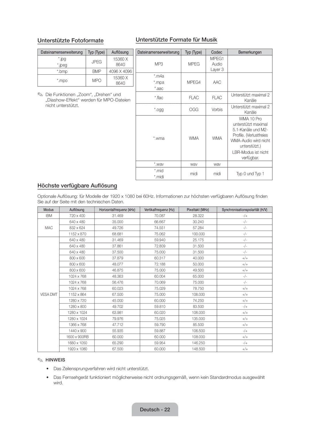 Samsung UE55J6170AUXZG manual Unterstützte Fotoformate Unterstützte Formate für Musik, Höchste verfügbare Auflösung 