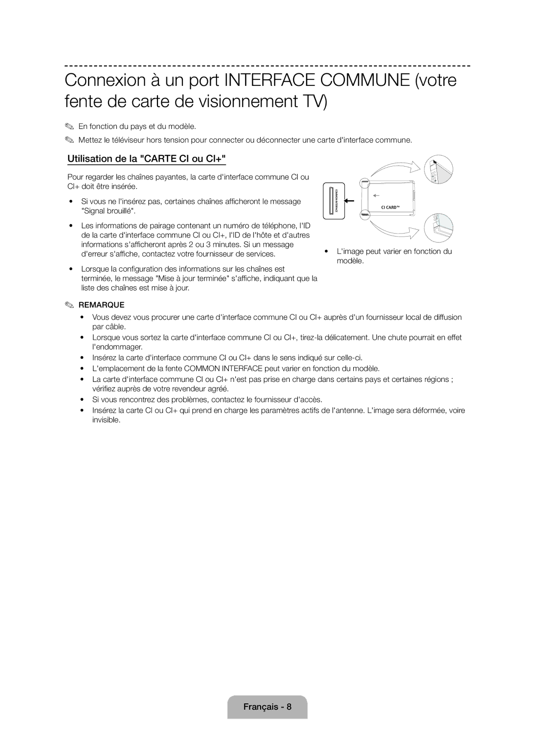 Samsung UE55J6150ASXZG, UE60J6150ASXZG, UE50J6150ASXZG, UE50J6170AUXZG manual Utilisation de la Carte CI ou CI+, Remarque 