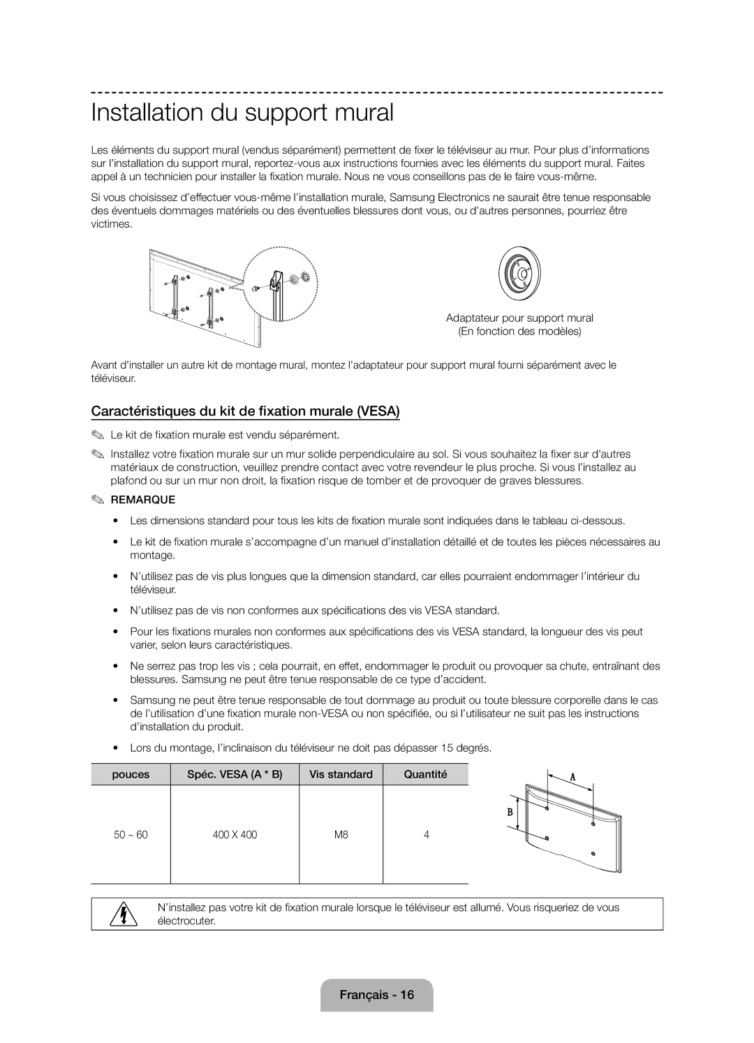 Samsung UE55J6170AUXZG, UE60J6150ASXZG manual Installation du support mural, Caractéristiques du kit de fixation murale Vesa 