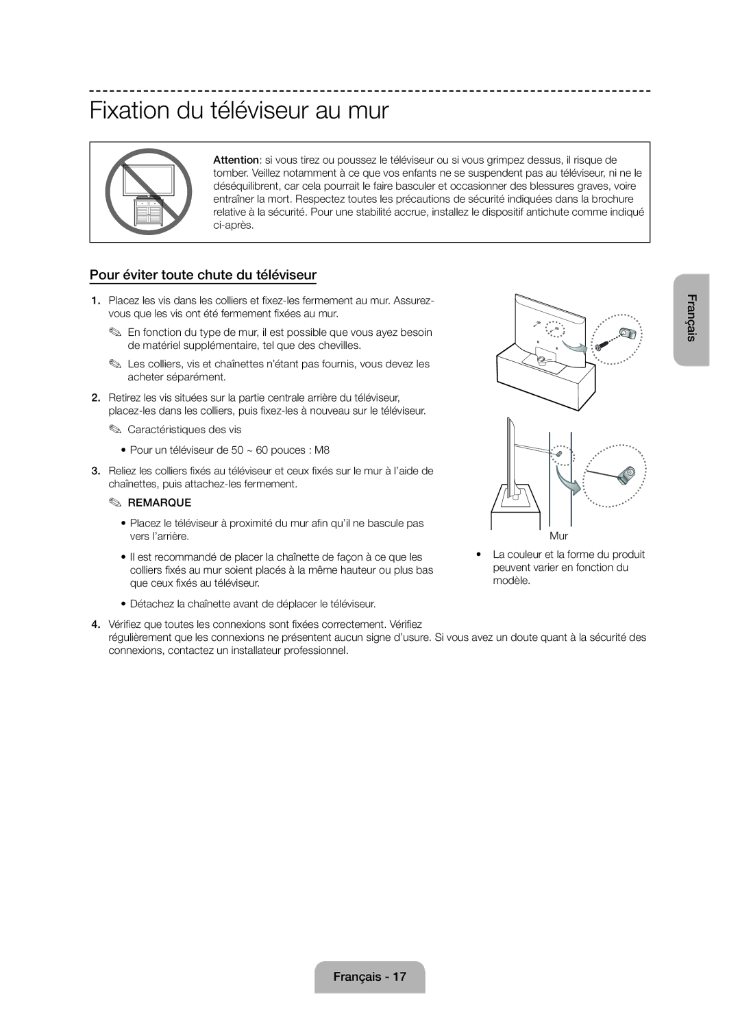 Samsung UE60J6170AUXZG, UE60J6150ASXZG, UE50J6150ASXZG Fixation du téléviseur au mur, Pour éviter toute chute du téléviseur 