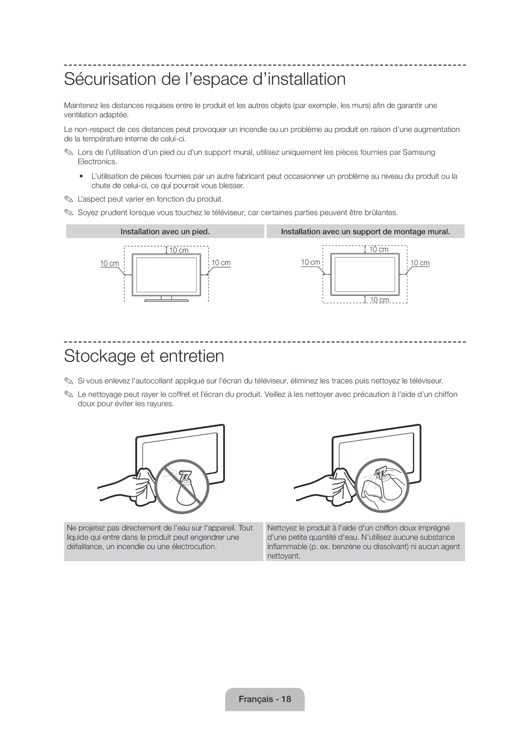 Samsung UE60J6150ASXZG, UE50J6150ASXZG, UE55J6150ASXZG manual Sécurisation de l’espace d’installation, Stockage et entretien 