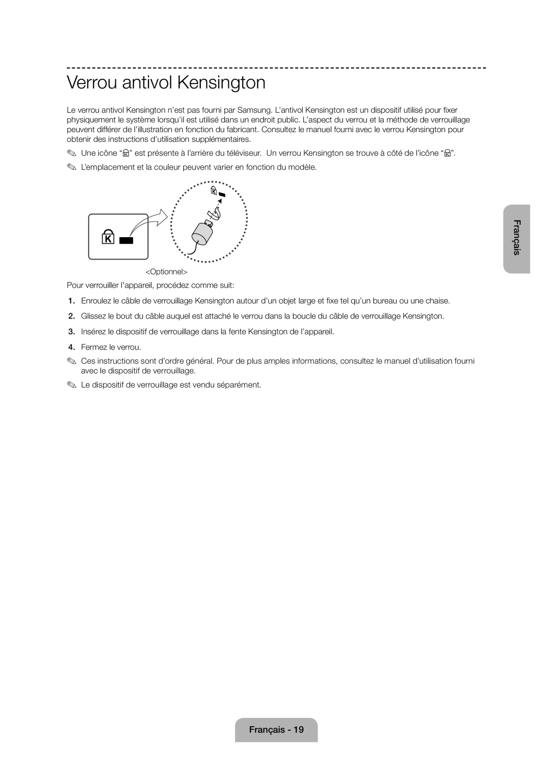 Samsung UE50J6150ASXZG, UE60J6150ASXZG, UE55J6150ASXZG, UE50J6170AUXZG, UE55J6170AUXZG manual Verrou antivol Kensington 