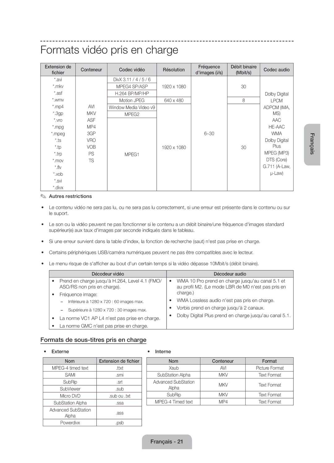 Samsung UE50J6170AUXZG, UE60J6150ASXZG, UE50J6150ASXZG Formats vidéo pris en charge, Formats de sous-titres pris en charge 