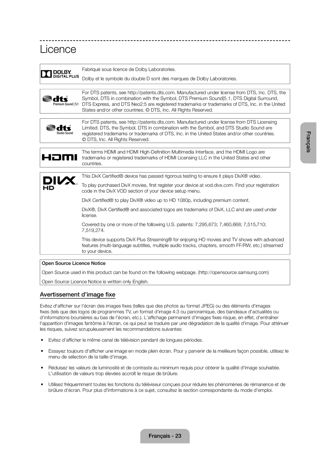 Samsung UE60J6170AUXZG, UE60J6150ASXZG, UE50J6150ASXZG, UE55J6150ASXZG manual Avertissement d’image fixe, De longues Périodes 