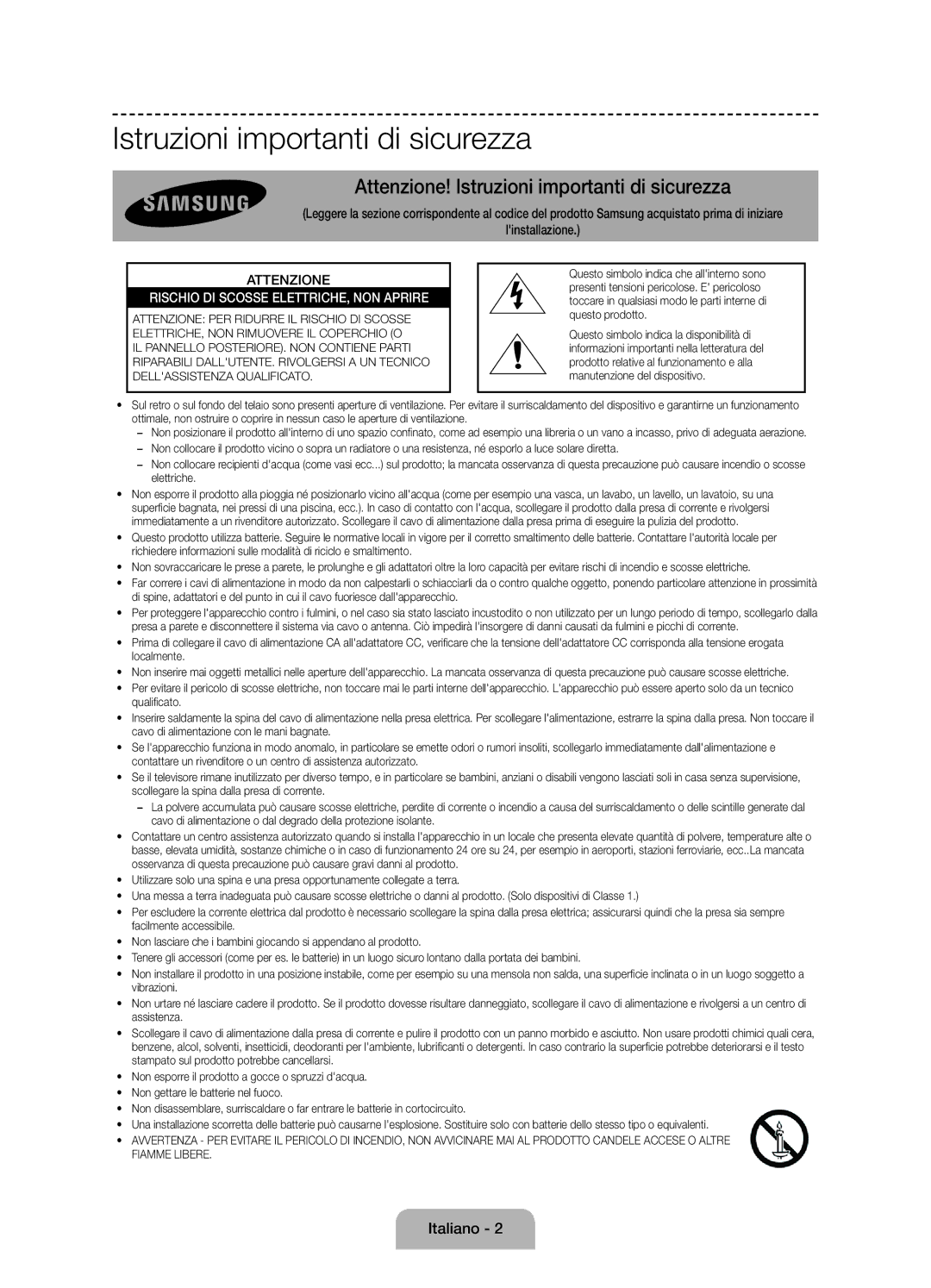 Samsung UE55J6150ASXZG, UE60J6150ASXZG, UE50J6150ASXZG, UE50J6170AUXZG Attenzione! Istruzioni importanti di sicurezza 