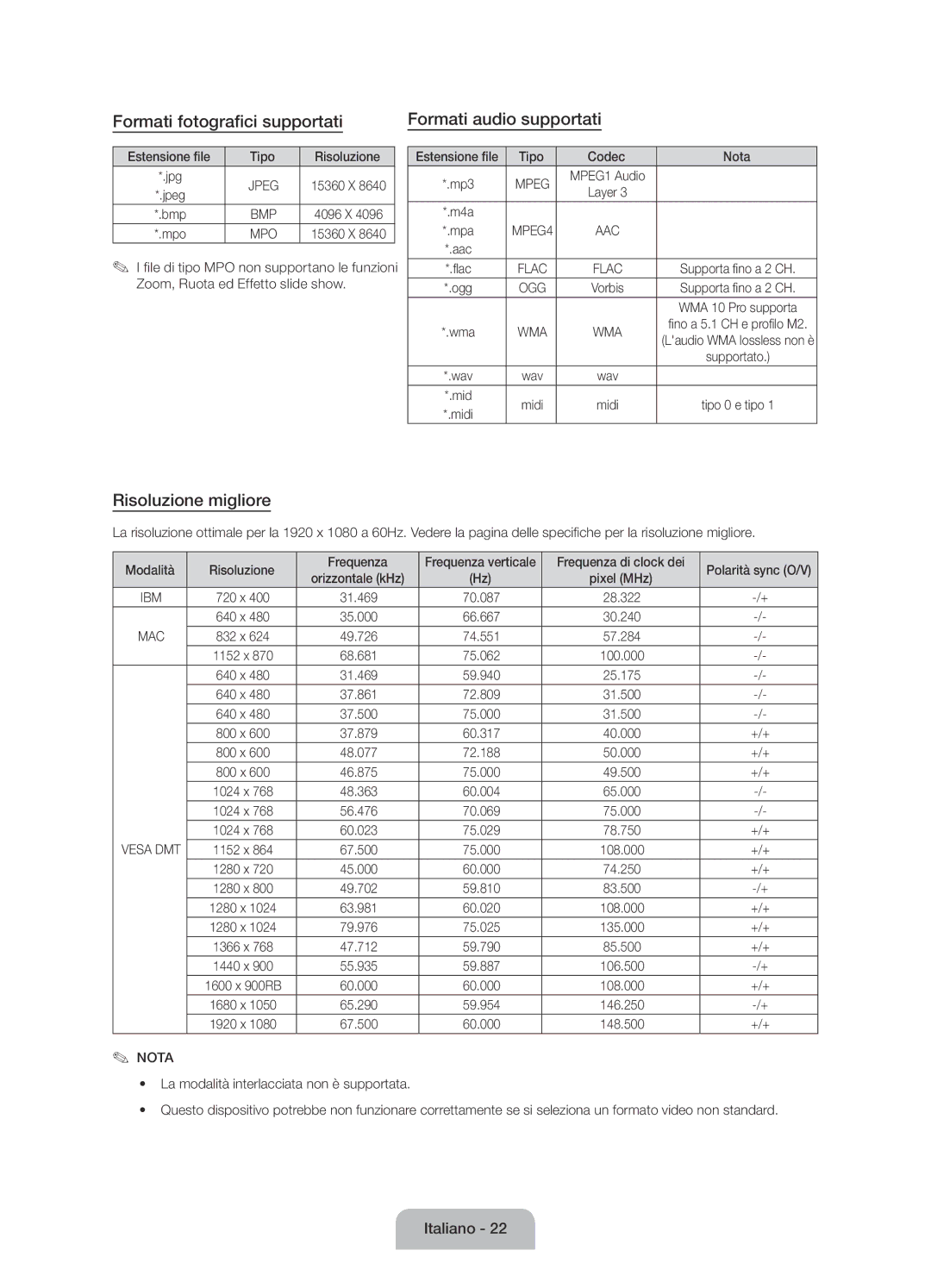 Samsung UE55J6170AUXZG manual Formati fotografici supportati Formati audio supportati, Risoluzione migliore, Migliore 