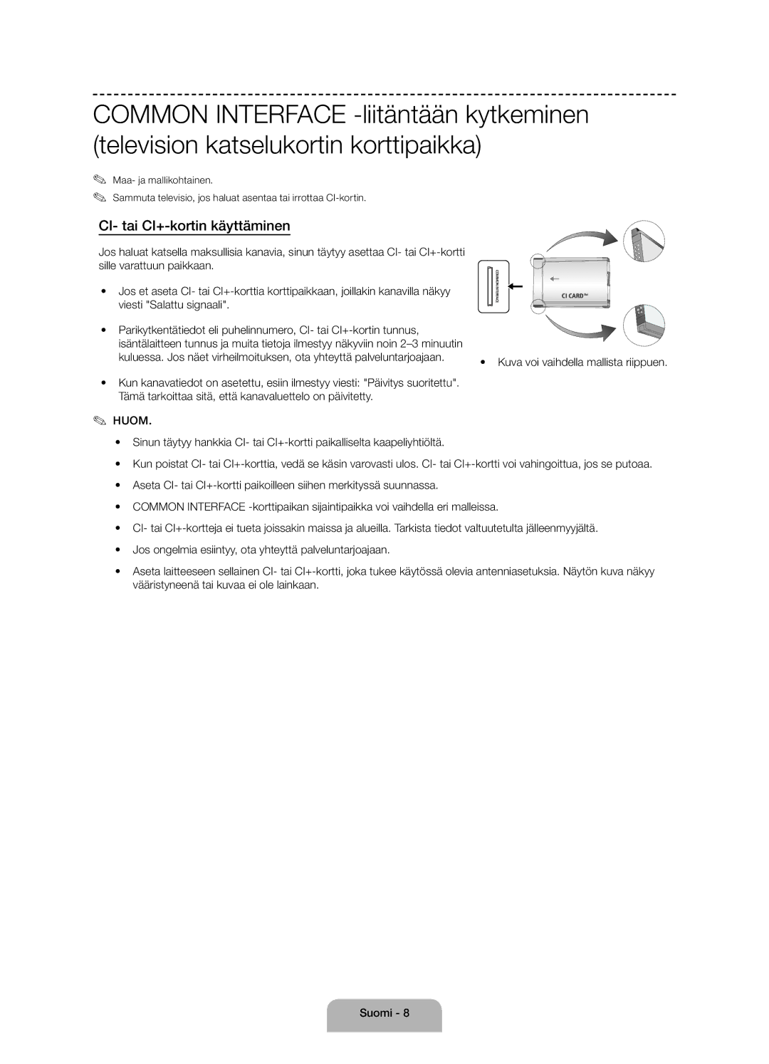 Samsung UE55J6175AUXXE, UE60J6175AUXXE, UE50J6175AUXXE manual CI- tai CI+-kortin käyttäminen 