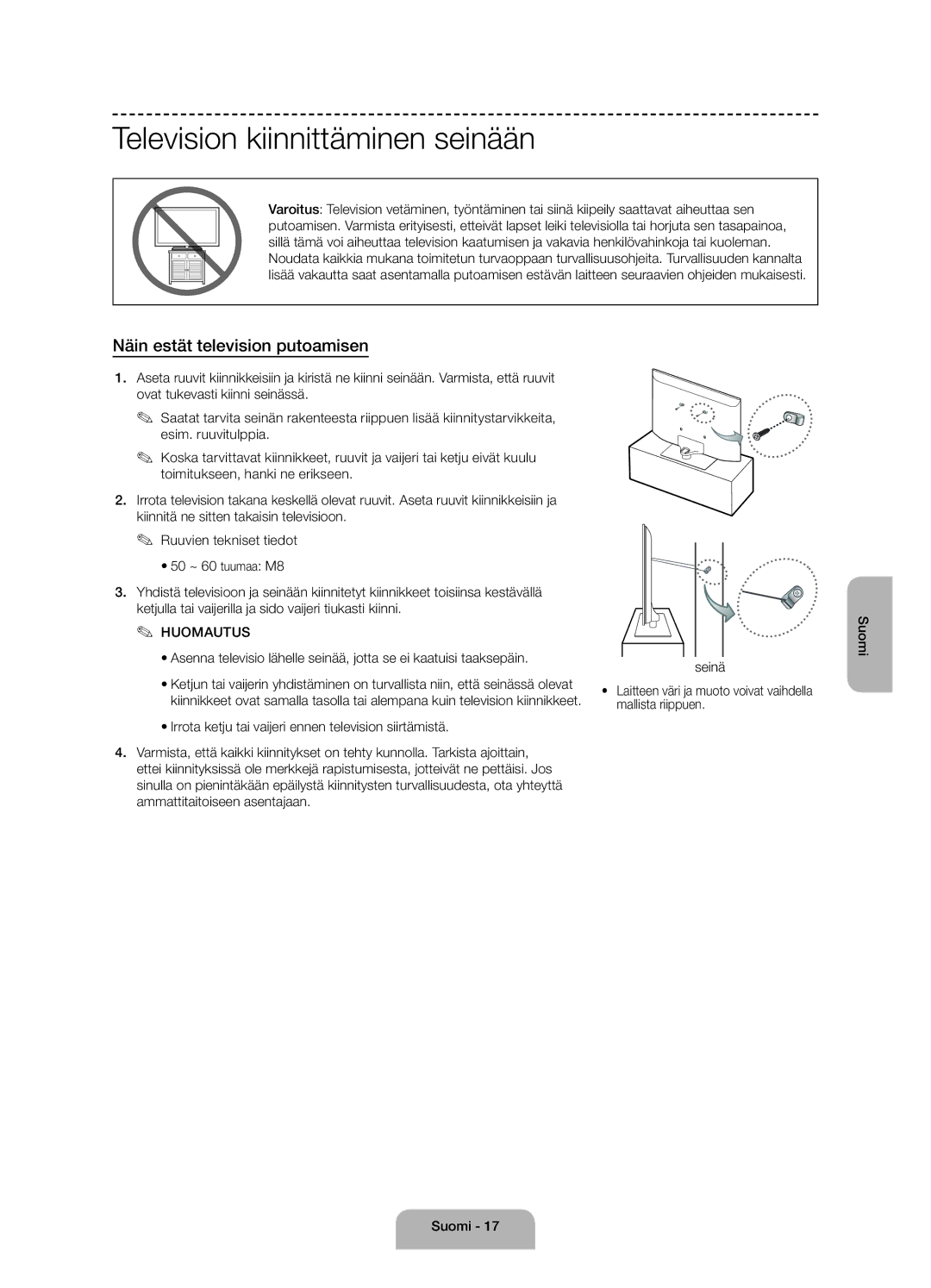 Samsung UE55J6175AUXXE, UE60J6175AUXXE, UE50J6175AUXXE Television kiinnittäminen seinään, Näin estät television putoamisen 