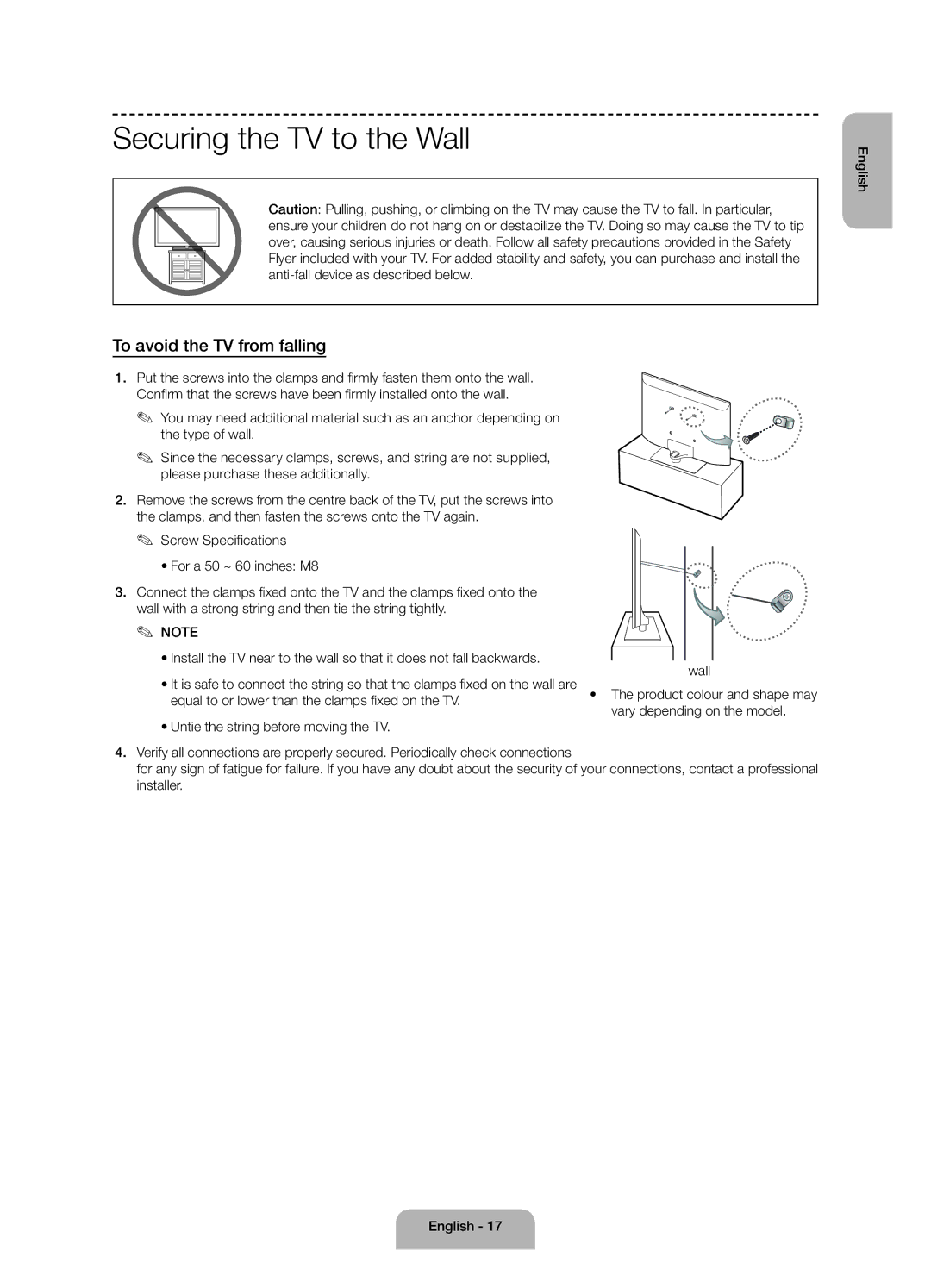 Samsung UE55J6175AUXXE, UE60J6175AUXXE, UE50J6175AUXXE manual Securing the TV to the Wall, To avoid the TV from falling, Onto 